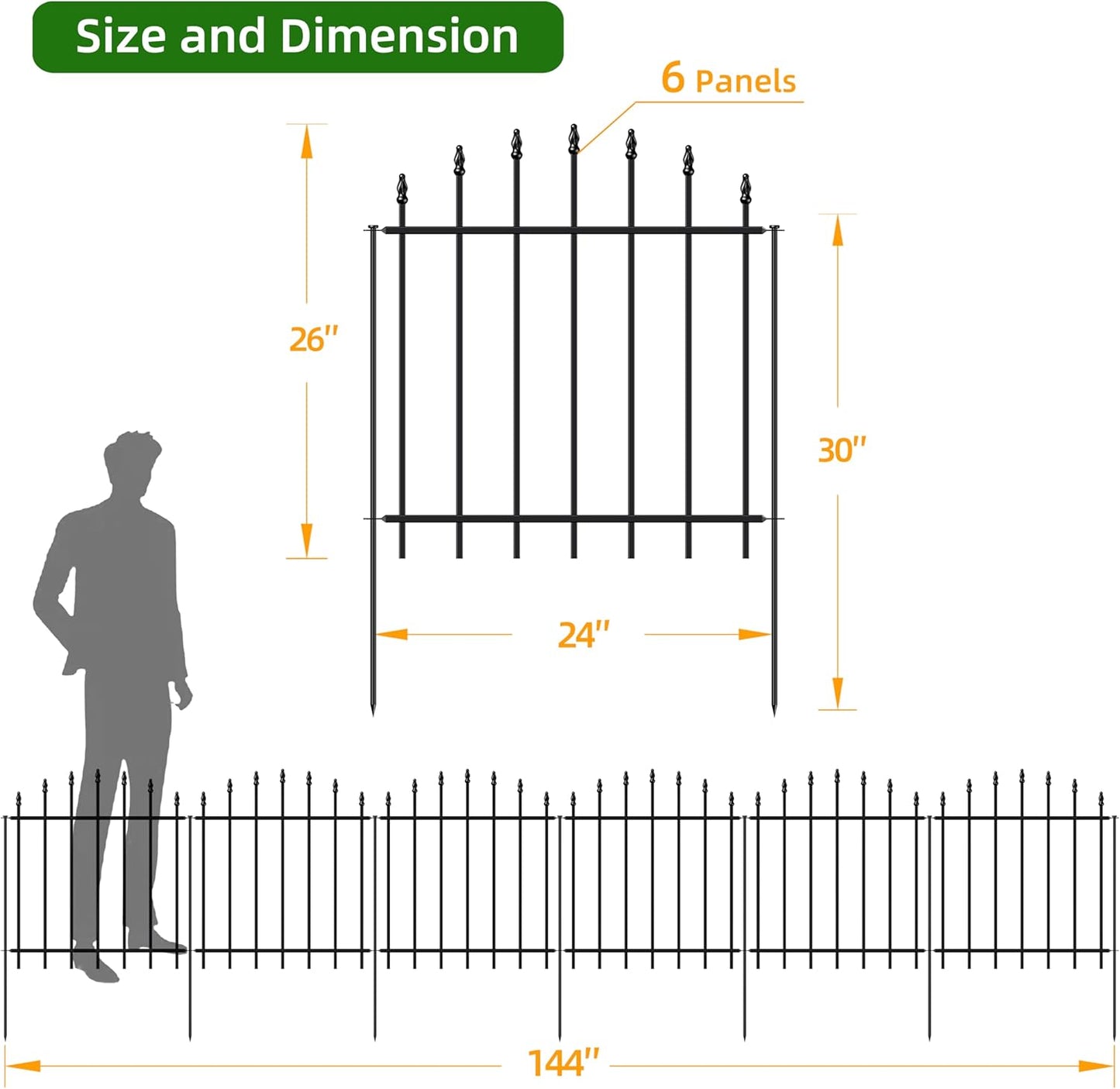 Metal Garden Fence 26 in H x 12 ft L, 6 Panels + 7 Stakes Border Dog Fence Panels Animal Barrier, No Dig Garden Fencing for Yard Patio Flower Bed Lawn Outdoor, Arch Black