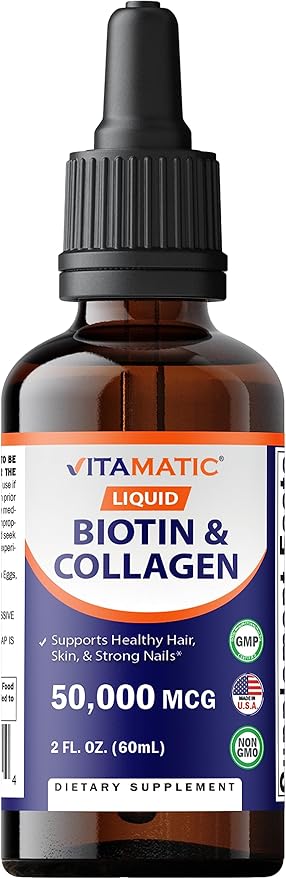 Vitamatic 2 Packs Liquid Biotin & Collagen for Hair Growth - Women & Men – Supports Glowing Skin, Healthy Hair & Nail Growth (2Fl Oz)