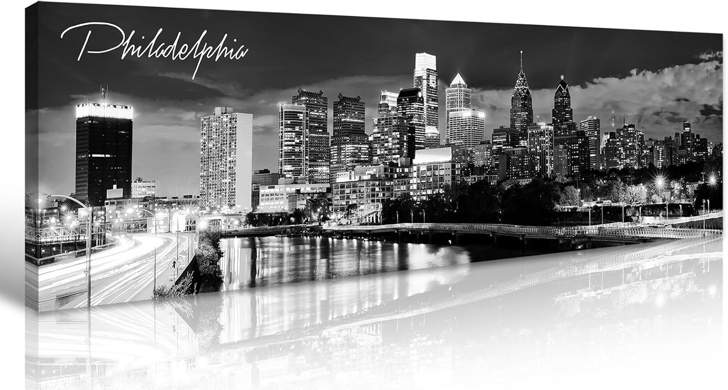 DJSYLIFE Philadelphia Skyline Canvas Art - 13.8"x47.3" Black & White Cityscape Wall Decor, Modern Panoramic Night View Print for Living Room, Office, Bedroom - Ready to Hang