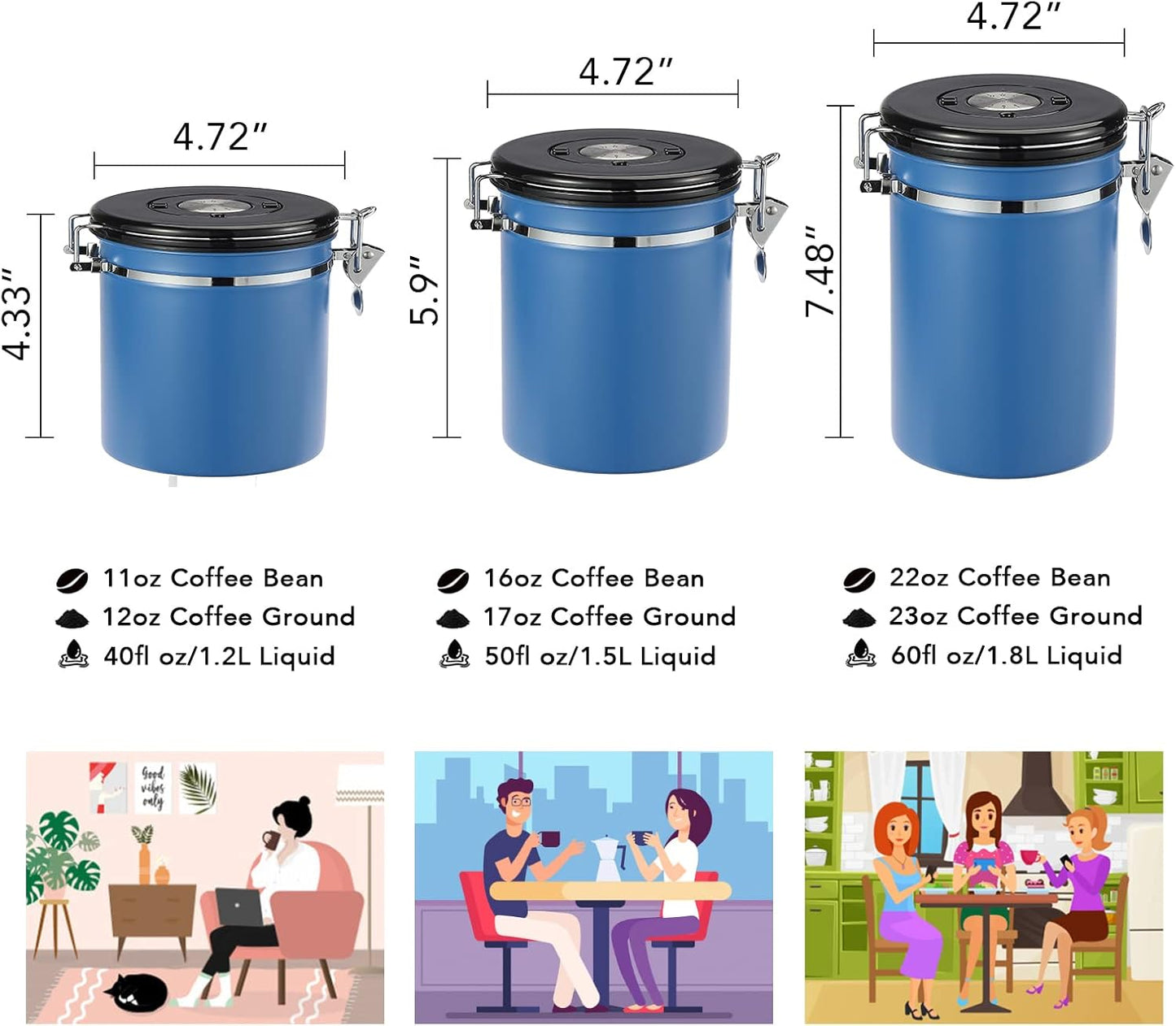 ShanSon Coffee Canister Airtight Coffee Container Stainless Steel Coffee Bean Storage Container with CO2 Release Valve and Scoop Coffee Canister for Beans,Grounds,Sugar,Flour,Tea,Cereal,22OZ,Blue