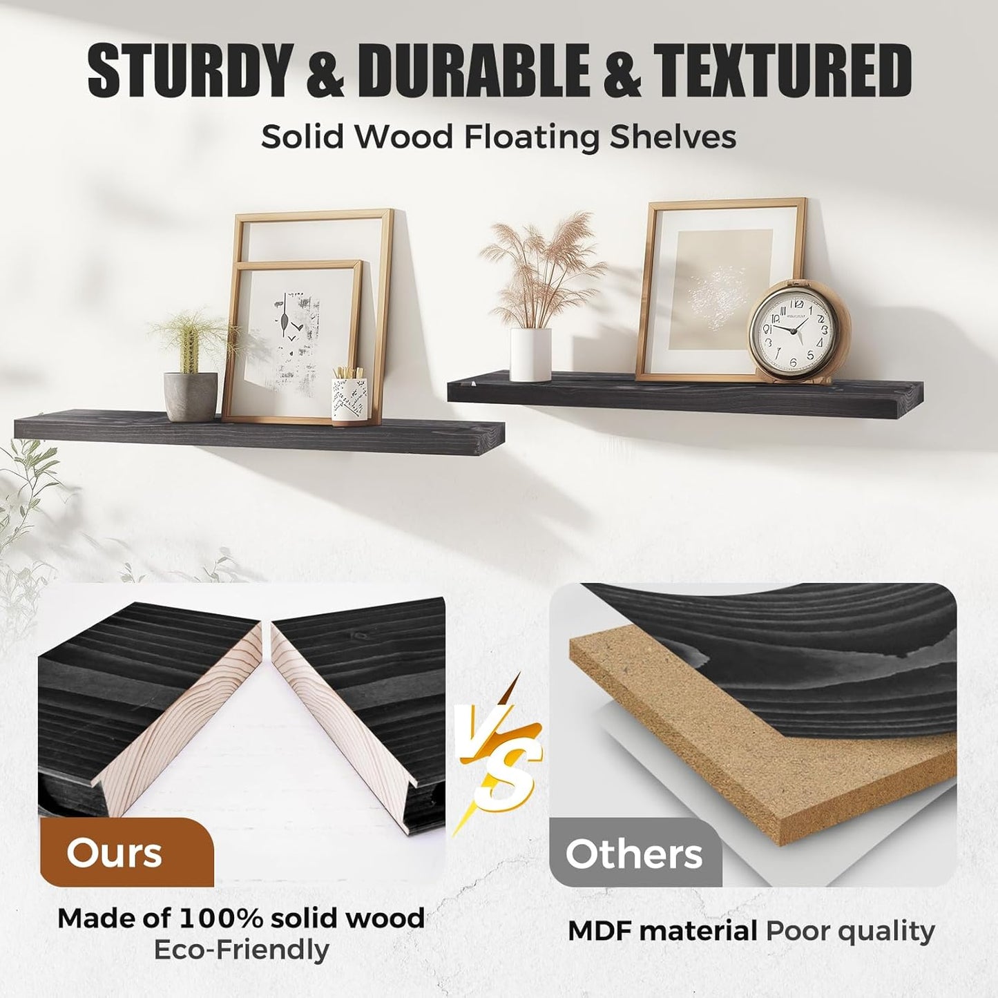 Floating Wall Shelves 3-Pack - 24-Inch Rustic Black Wooden Shelves for Storage and Décor, Easy Installation for Living Room, Bedroom, and Kitchen