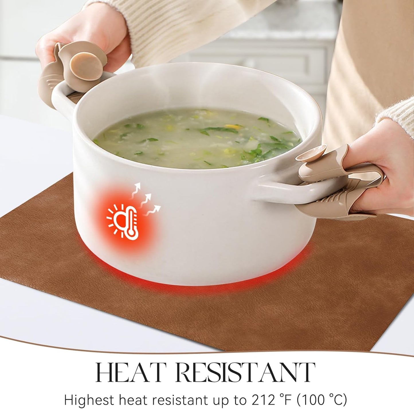 MOSAYT Vinyl Placemats Set of 6-12 X 17 Inch - Fall Faux Leather 100% Waterproof Oil-Proof Wipeable PU Place Mats, Heat Resistant Reversible Table Mats for Kitchen, Dining, Outdoor (Reddish Brown)