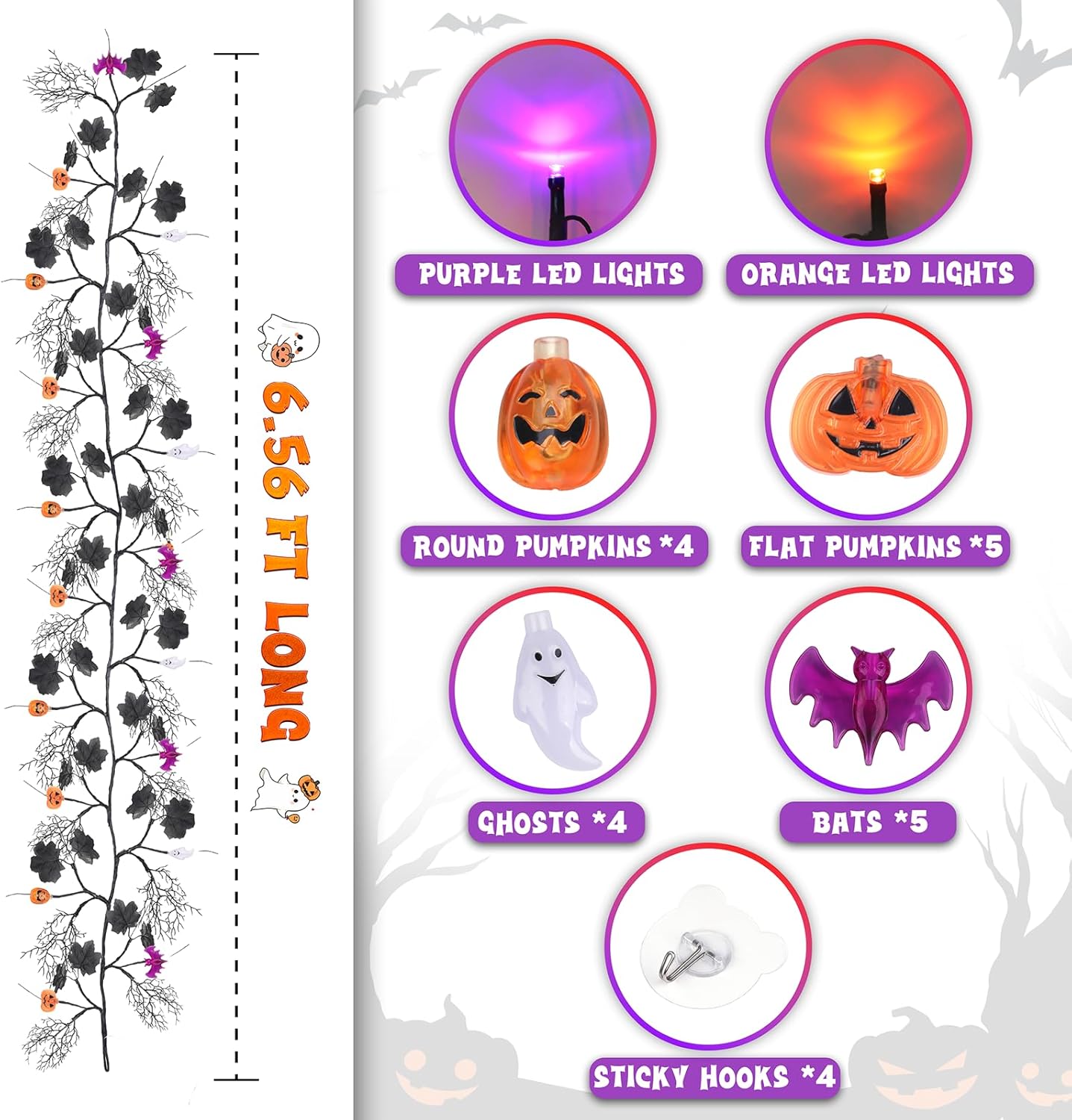 kuaima Halloween Lighted Willow Vine Twig Decor, 6.56 FT Light up Garland with Purple and Orange LED Lights for Indoor Outdoor Decor, 8 Modes, 18 Ornaments, 4 Adhesive Hooks