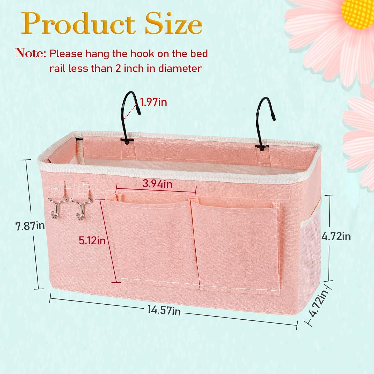 Bedside Storage Caddy/Bedside Hanging Storage Bag for Headboards Bunk Beds Dorm Rooms Book Phone Magazine Holder (Light Pink)