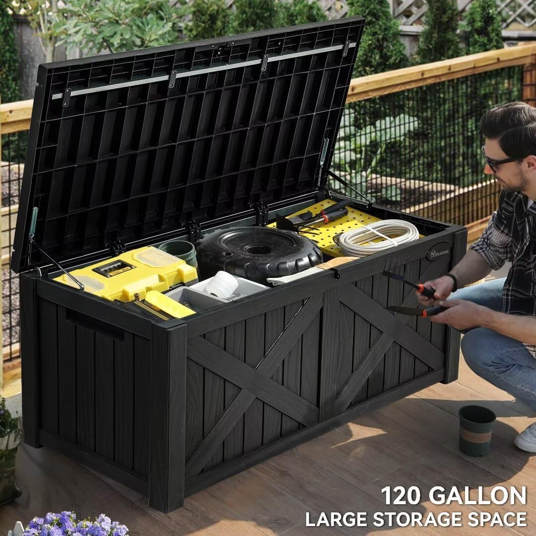 YITAHOME 120 Gallon Large Outdoor Storage Box with X-Shaped Front, Waterproof Resin Deck Box Cushion Storage Bench for Patio, Pool Supplies, Garden Tools - Lockable, Black