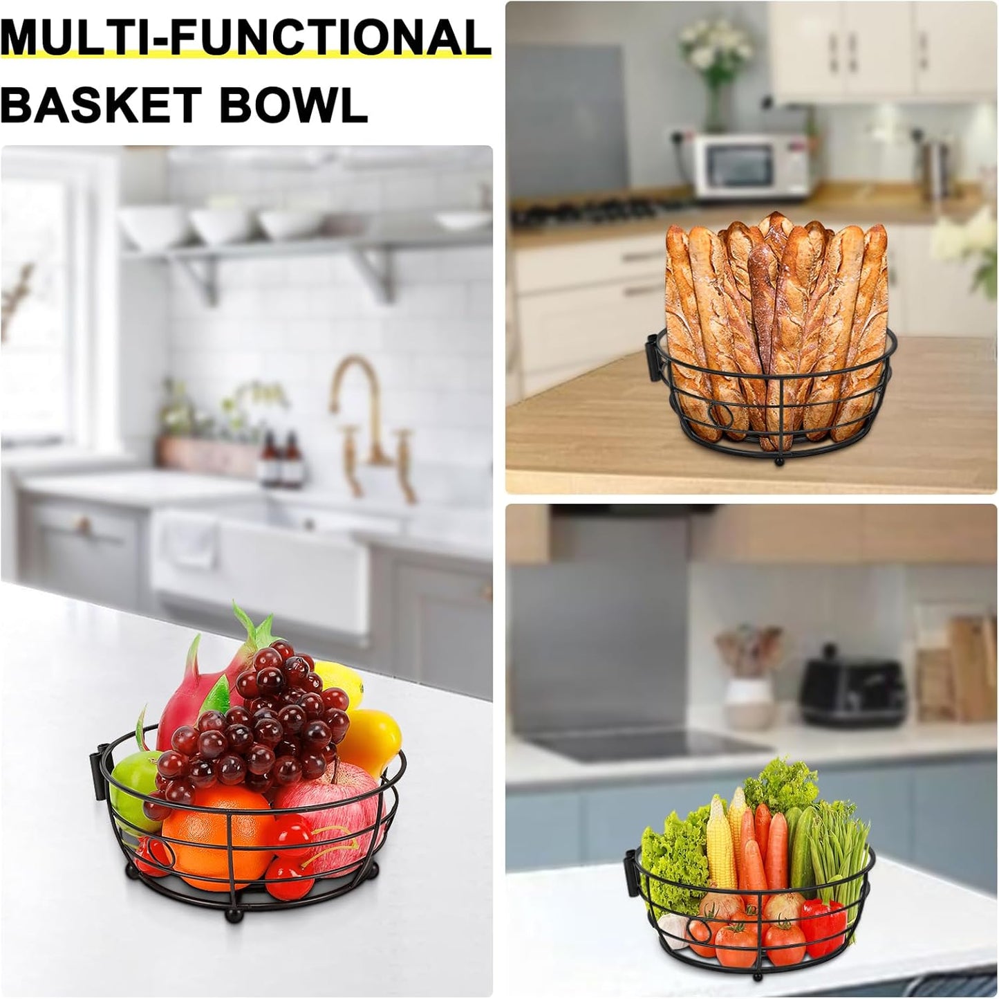 Livabber Countertop Fruit Basket Bowl with Banana Hanger, Modern Standing Fruit Vegetable Bowl Storage, with Banana Tree Holder for Kitchen Dinning Table (Round Metal, Black)