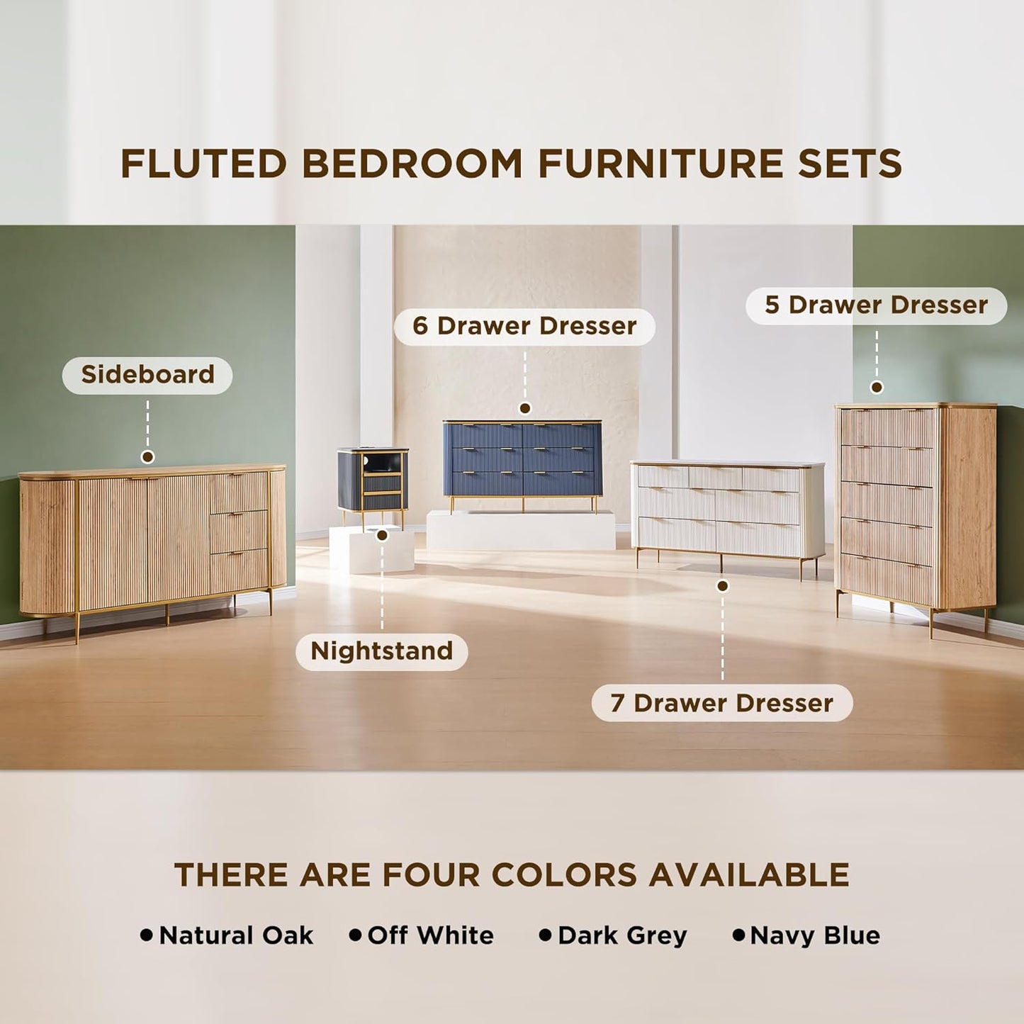 T4TREAM Fluted 6 Drawers Dresser for Bedroom, 54" Wide Modern Dresser TV Stand, Gold Accents, Fluted Fronts, Wood Storage Dressers Organizer for Bedroom, Living Room, (Dark Grey)