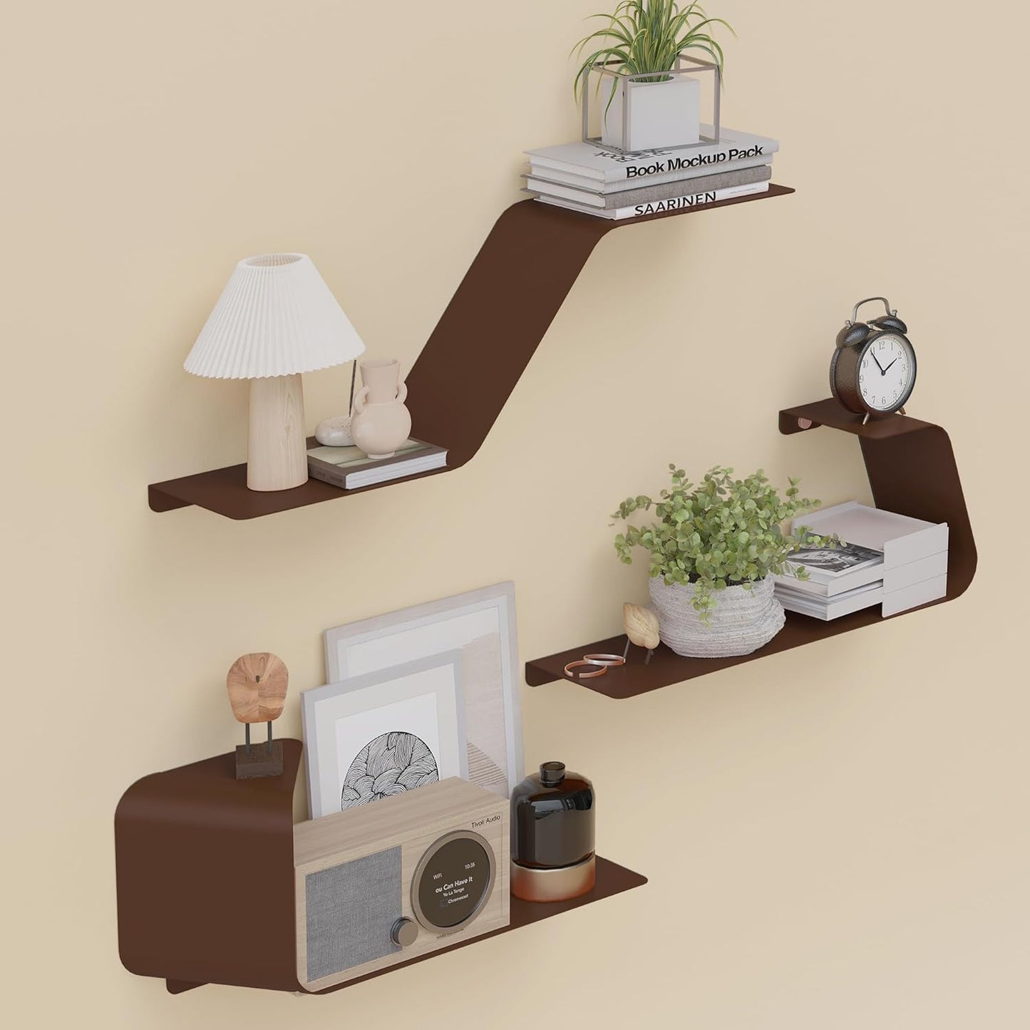 Floating Shelves, Wall Shelf, Set of 3 Wall Mounted Metal Shelves with Unique Design for Wall Storage, Book Shelf, Display Shelves for Bathroom Bedroom Kitchen Living Room for Home Brown