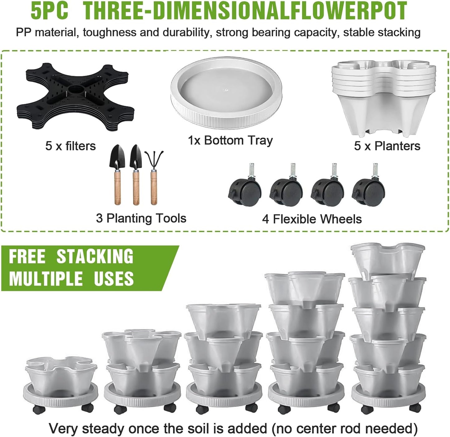 5 Tier Vertical Strawberry Planter-Tower Stackable Herb Planters-Stacking Garden Outdoor Planter Pot With Tools Mover For Flowers, Vegetables and Succulents
