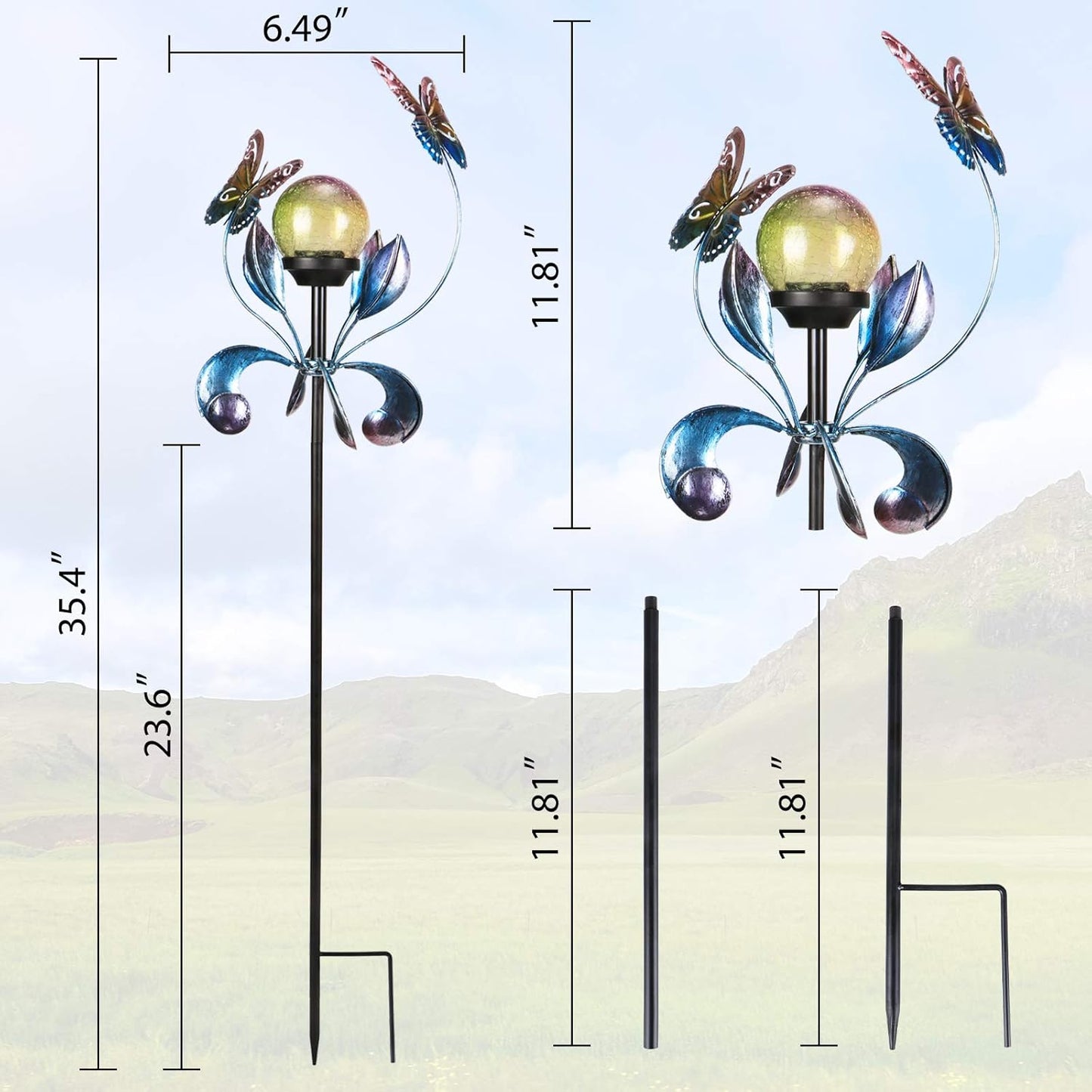 VCUTEKA Solar Lights Outdoor Metal Garden Stake Waterproof Crackle Glass Globe Garden Decor Butterfly for Pathway, Lawn, Patio, Yard