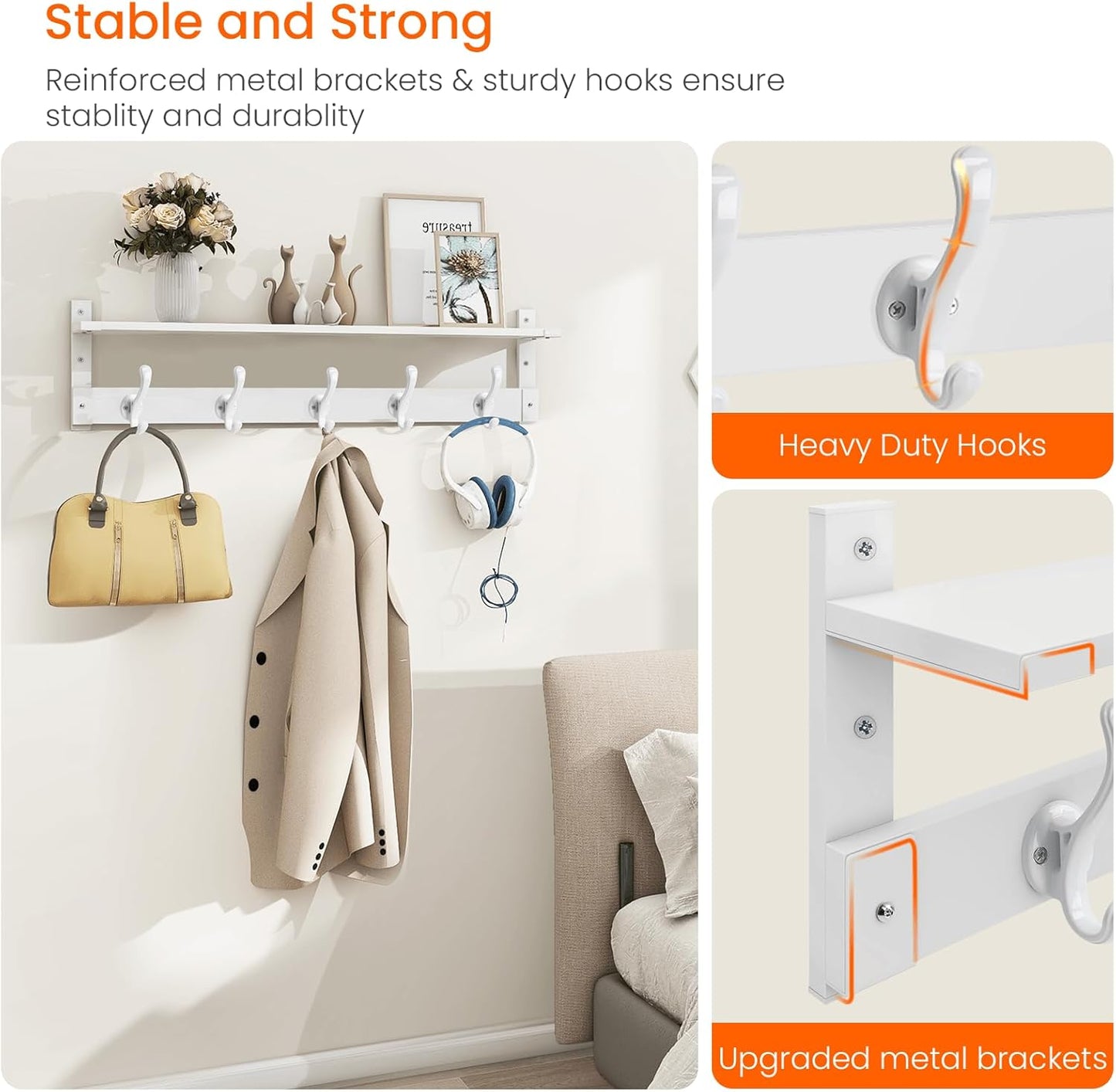 Homode Coat Rack With Wall Shelf, 29" Wooden Entryway Floating Shelf With Hooks Underneath, Hanging Coat Hanger for Bathroom, Living Room, Bedroom, Hallway, White