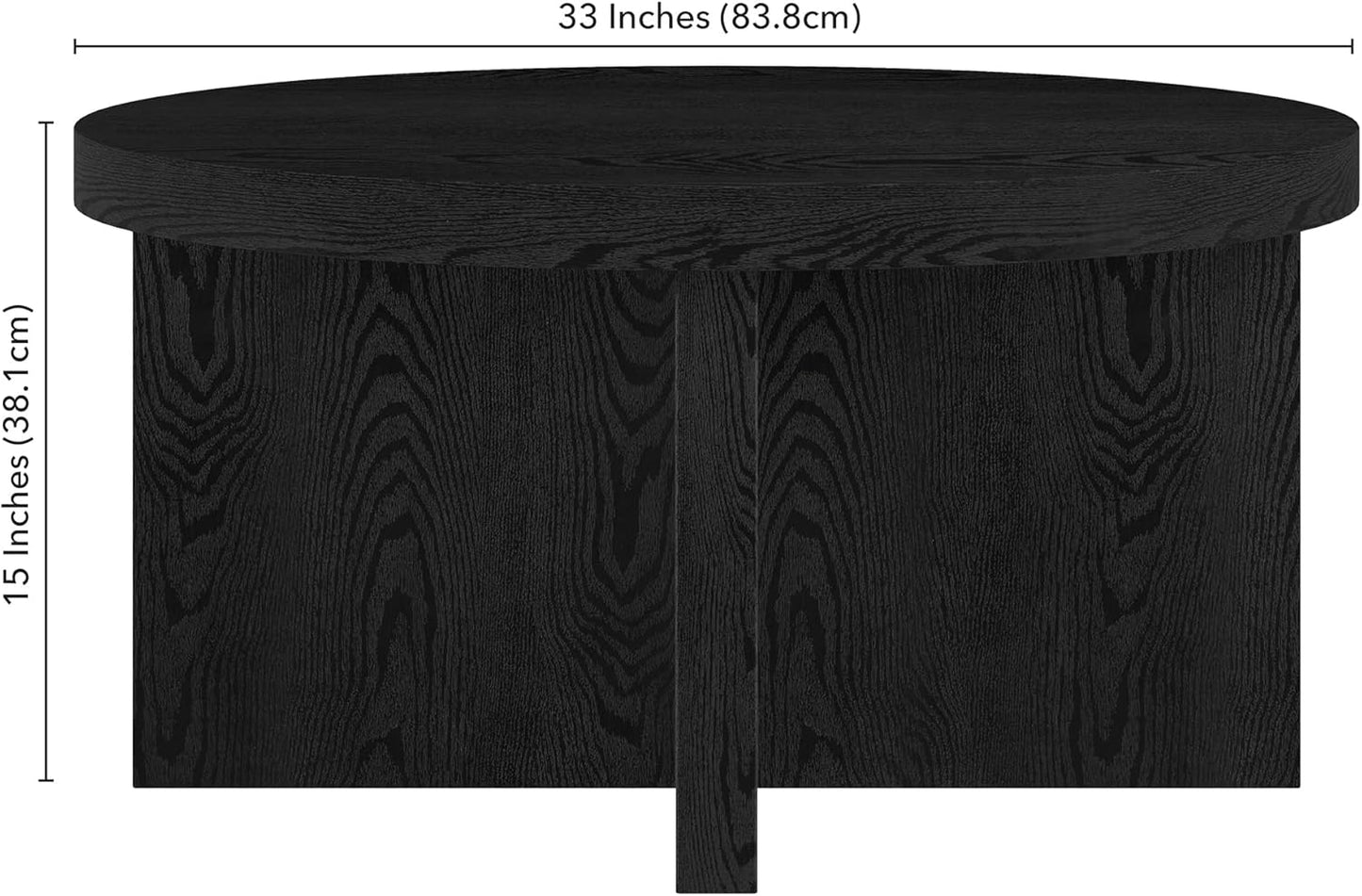 Henn&Hart 33" Round Wood Pedestal Low-Profile Coffee Table for Living Room, Family Room, Office or Apartment, Black Grain