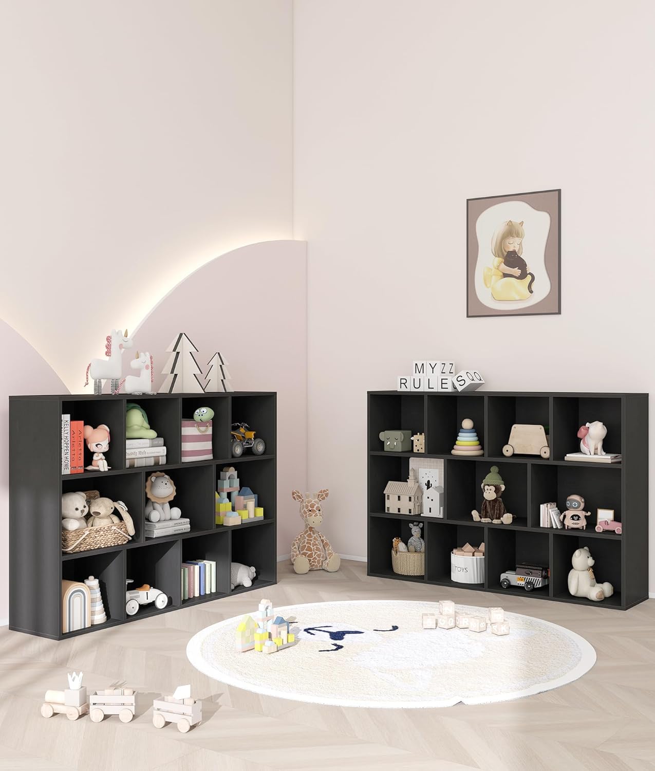 11 Cube Kids Toy Storage Organizer with Kids Shelf, Baby Bookshelf for Nursery, 3-Tier Children Wooden Bookcase, Storage Bookshelf for Classroom, Playroom, Kindergarten, Black