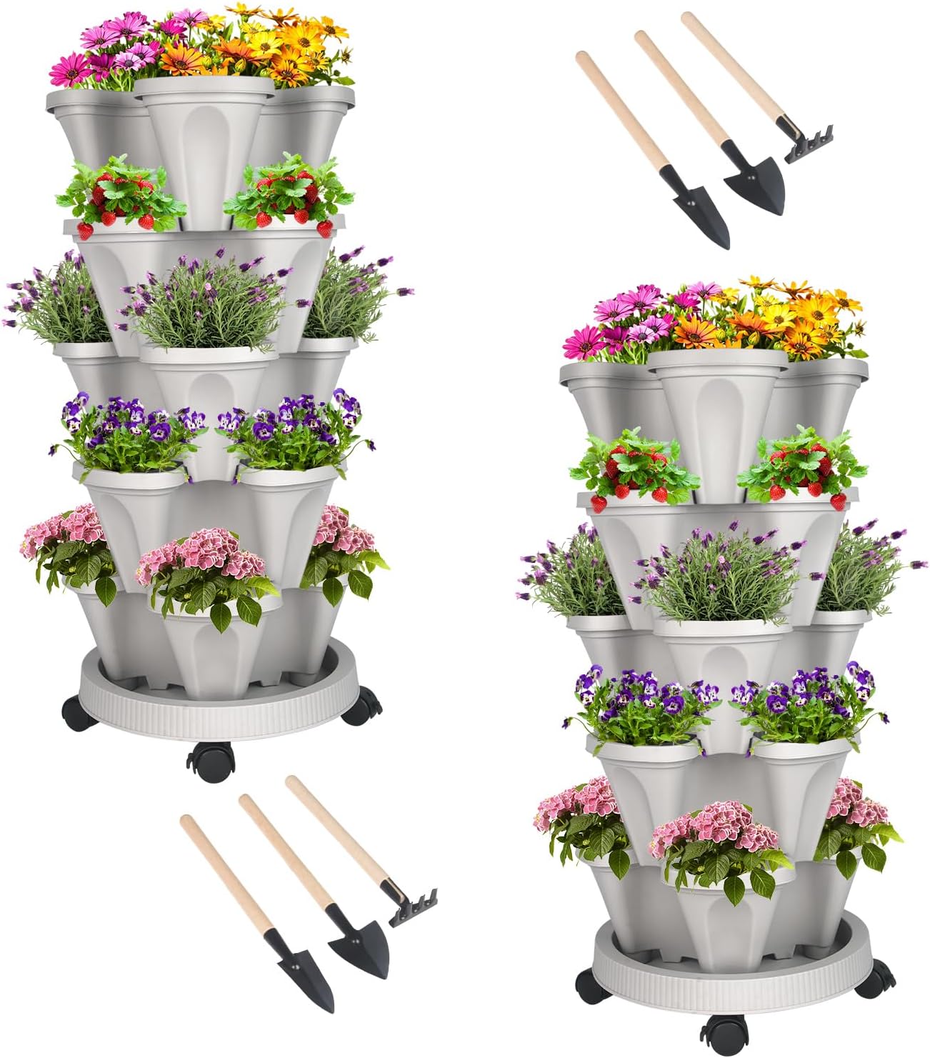 DUNCHATY Stackable Planter, Vertical Garden Planter with Wheels and Tools, Self Watering Strawberry Planter Indoor/Outdoor 5 Tier Herb Planter Pots for Growing Vegetables and Succulents,Gray