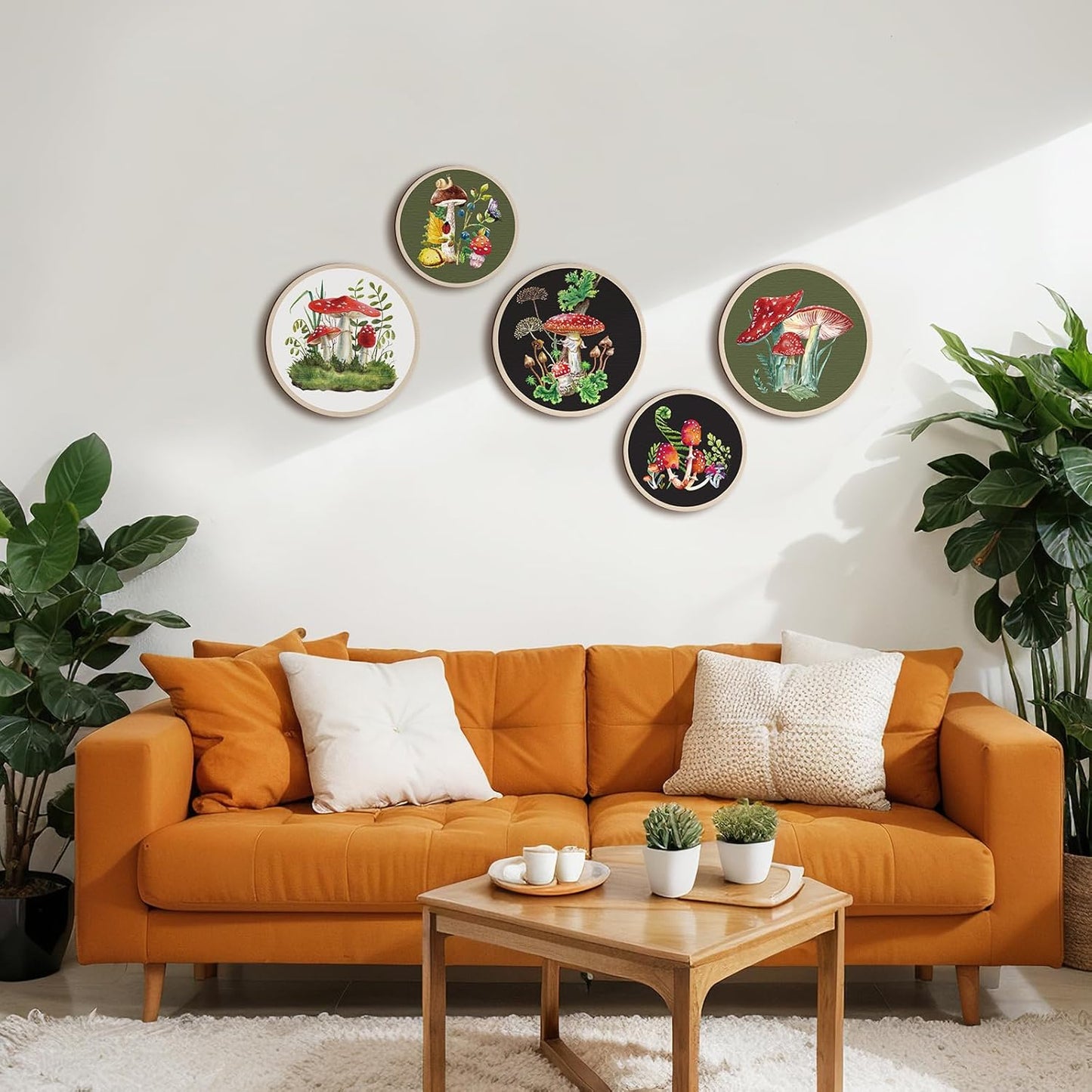 Qunclay 5 Pcs Wall Art Decor Wooden Living Room Wall Decor Bohemian Hanging Farmhouse Geometric 10'' and 8'' Aesthetic Wood Minimalist Posters for Bedroom(Mushroom)