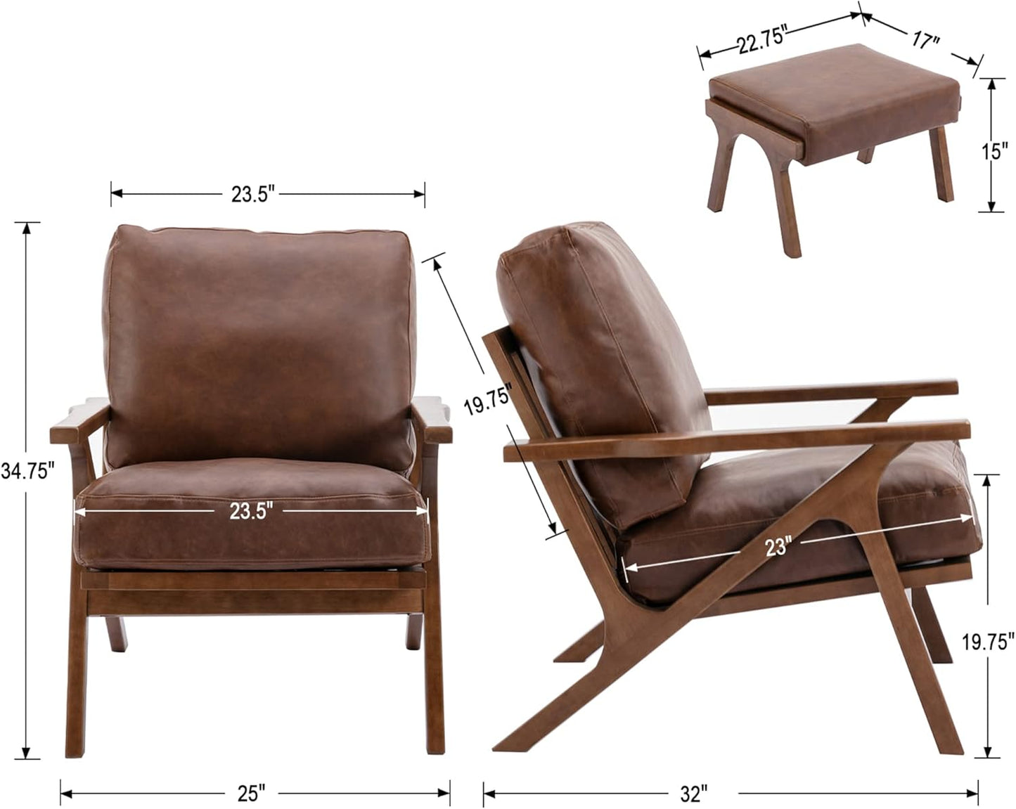 chairus 2 Sets Mid-Century Modern Accent Chairs with Ottoman, Faux Leather Armchair with Wood Legs Comfy Upholstered Single Sofa Chair for Living Room/Bedroom/Lounge, Brown