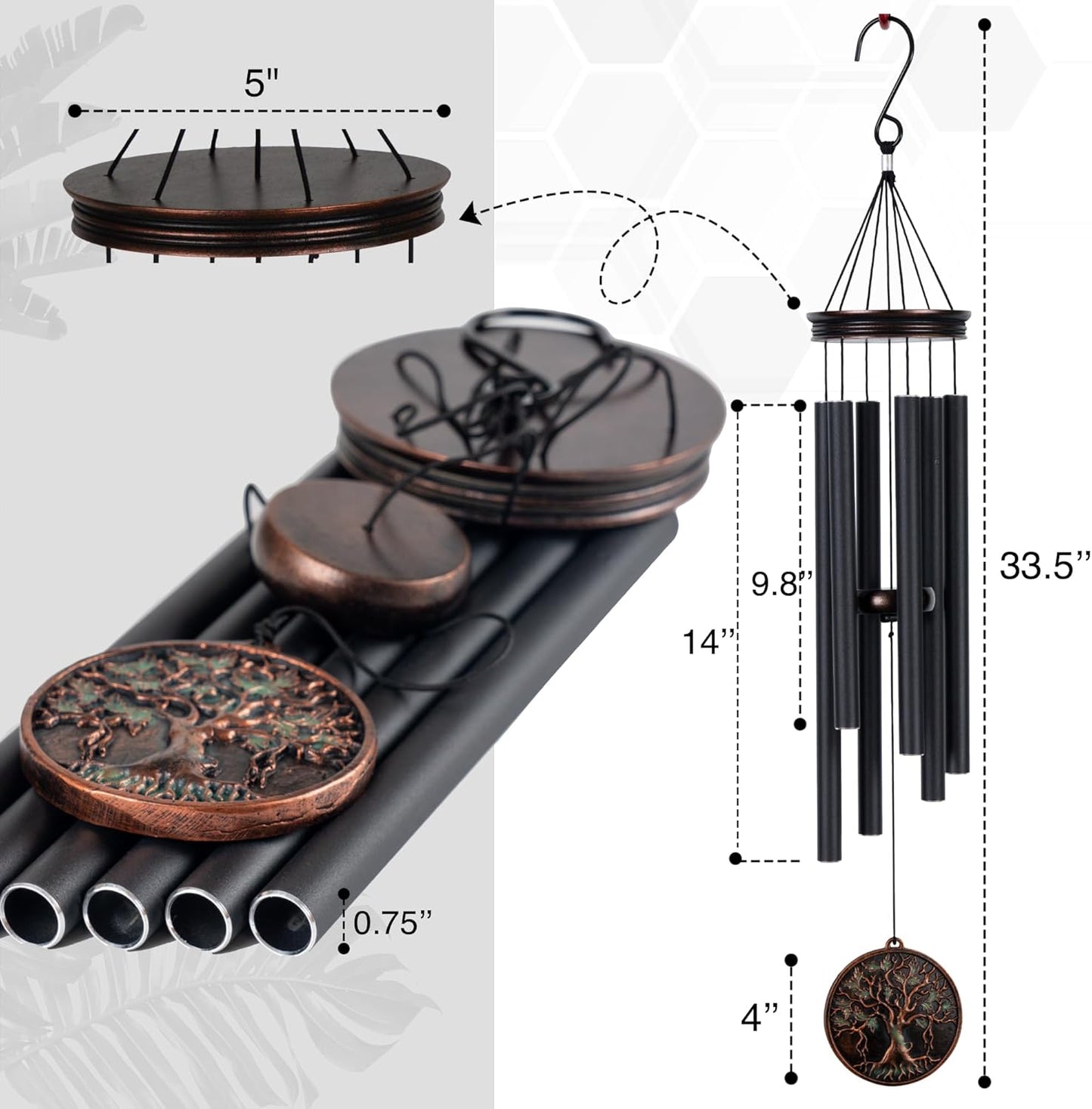 Vanquer Large Wind Chimes for Outside Deep Tone - 34'' Wind Chimes Outdoor Clearance, Tree of Life, Memorial, Sympathy Gift, Patio, Home Décor, Vintage Black (34" Tree of Life)