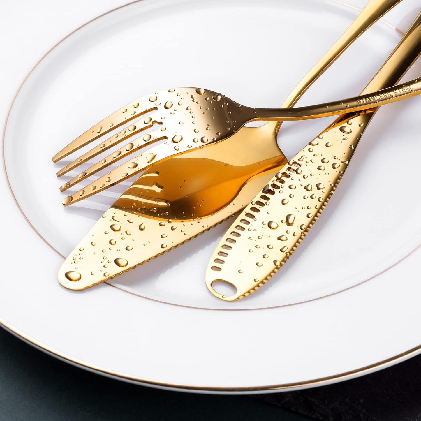 Gold Serving Utensils, OGORI 15-Piece Stainless Steel Gold Serving Utensils Set Include Serving Spoons, Slotted Serving Spoons, Serving Tongs, Serving Forks, Butter Knife, Soup Ladle, Pie Server