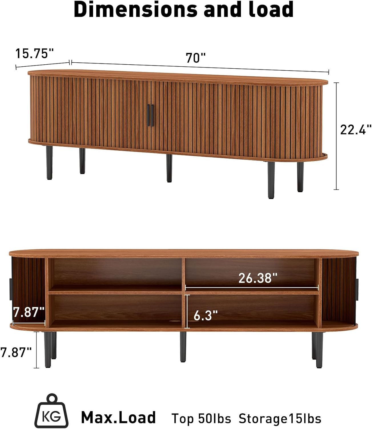 Bonzy Home 70" Mid Century Modern TV Stand, Tambour Entertainment Center with Storage, Long Media Console Television Stand with Metal Legs for up to 75'' TV, Walnut