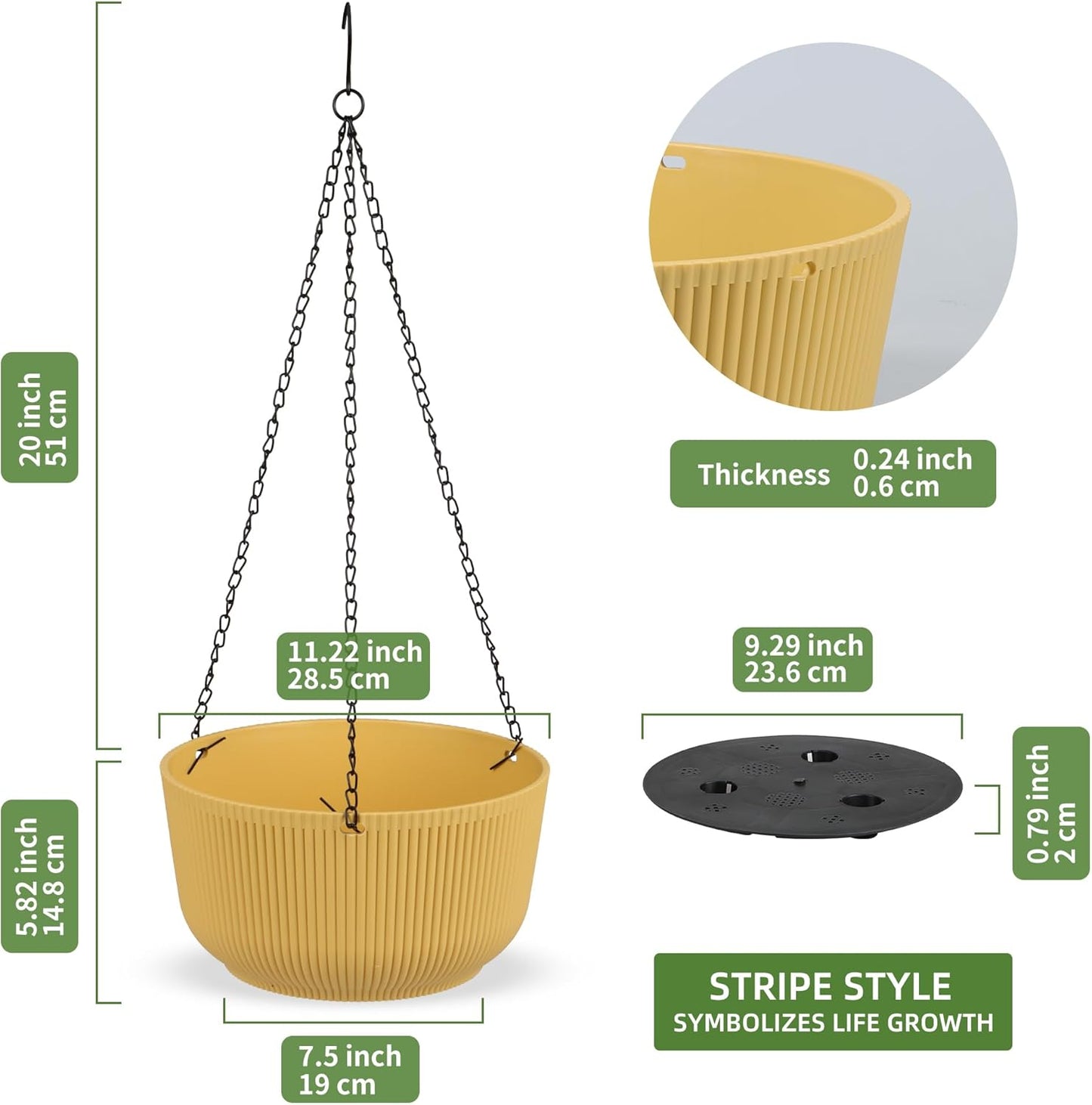 Dexceder 11.2 Inch Self Watering Hanging Planters Indoor Outdoor, Thickened Hanging Basket Flower Plant Pot (2 Pack, Yellow)