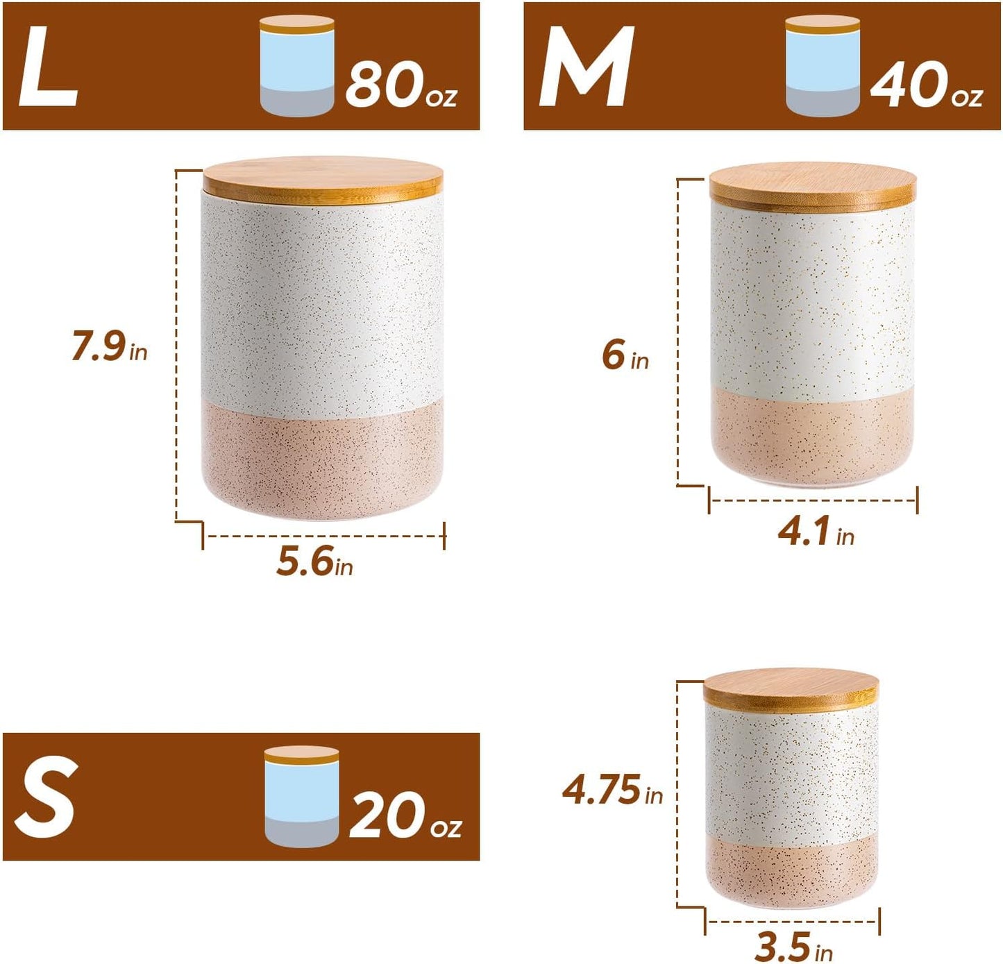 Yangbaga Canister Sets for Kitchen Counter, 20 OZ Large Ceramic Food Storage Jars with Airtight Wood Lids, Large Kitchen Canisters for Coffee, Sugar, Tea, Flour, Spice