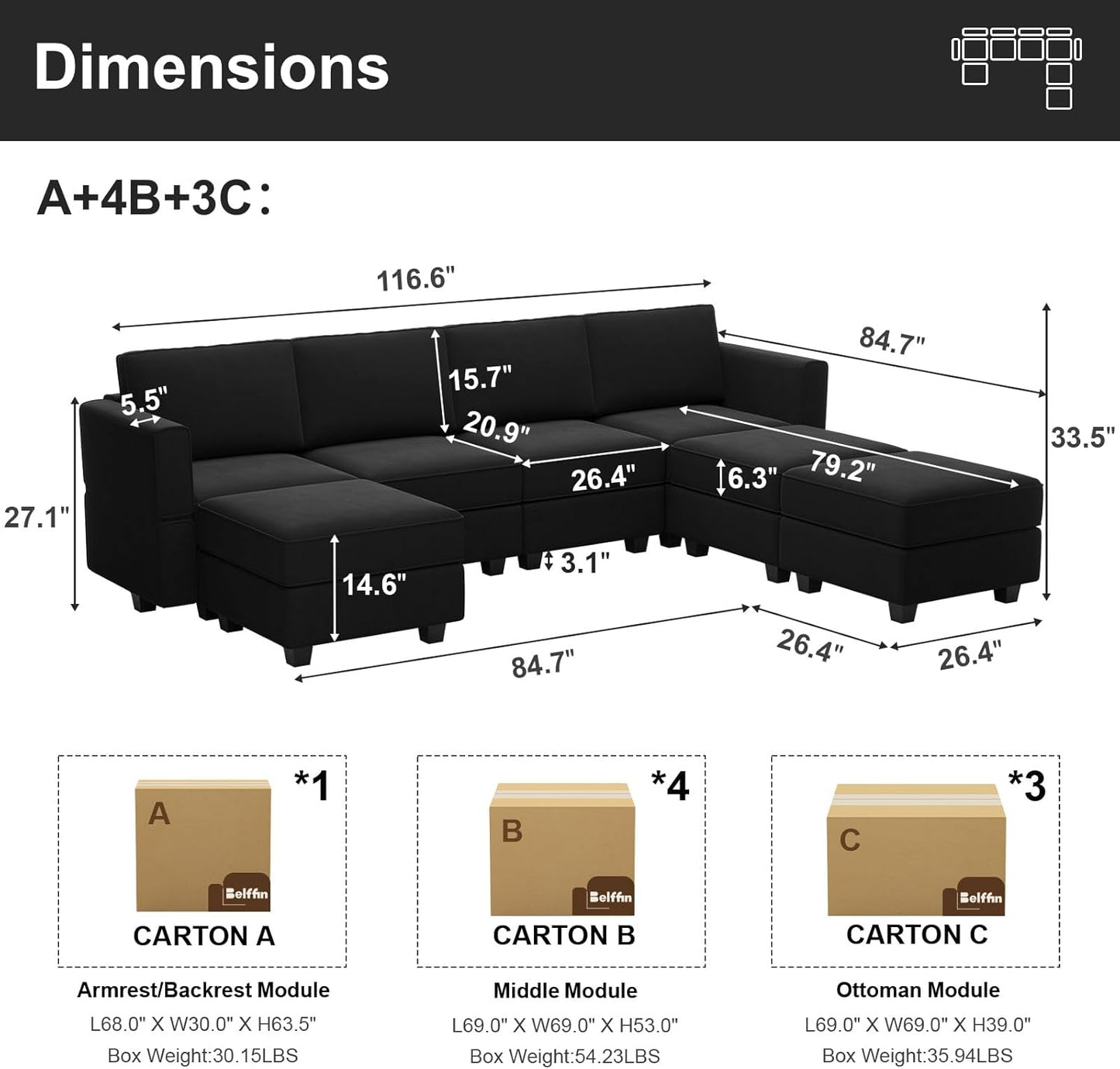 Belffin Modular Sectional Sofa U Shaped Sectional Couch with Reversible Chaises Velvet Modular Sofa with Storage Seat Black