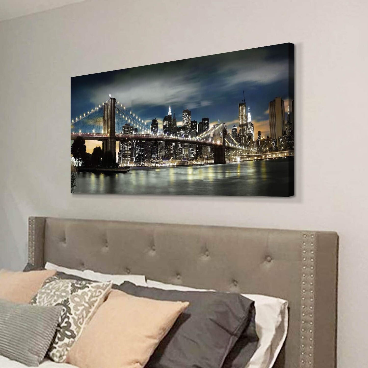 Brooklyn Bridge Canvas Wall Art: Skylines Lights & Reflections in New York Artwork for Decor
