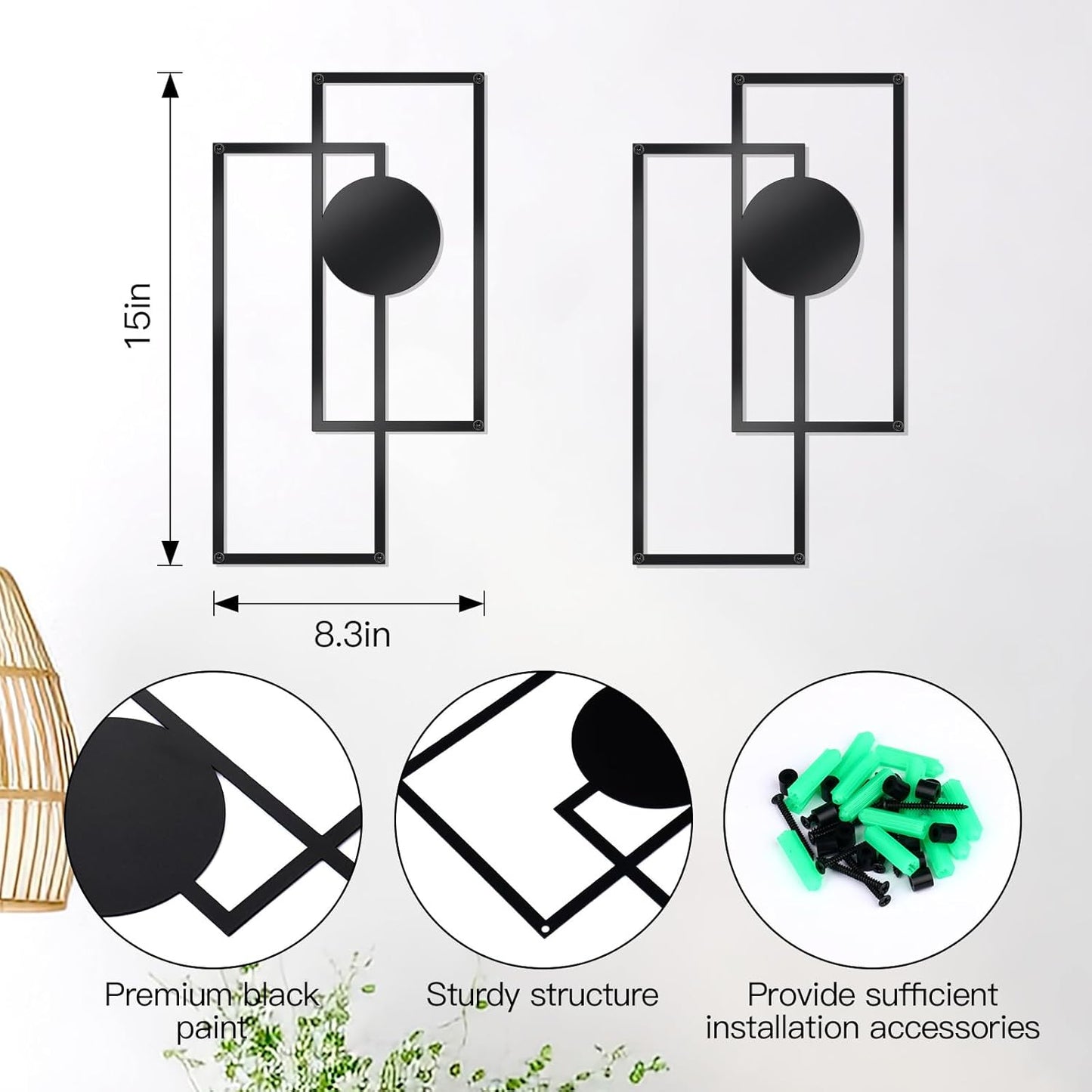 OYEFLY 2 Pcs Metal Abstract Wall Art,Modern Geometric Decor (Black, style 3)