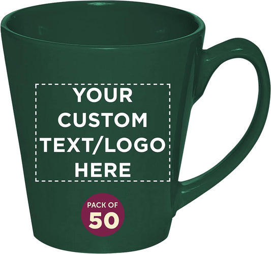 DISCOUNT PROMOS Custom Glossy Ceramic Latte Coffee Mug 12 oz. Set of 50, Personalized Bulk Pack - Perfect for Tea, Espresso, Cappuccino, Hot Cocoa - Green