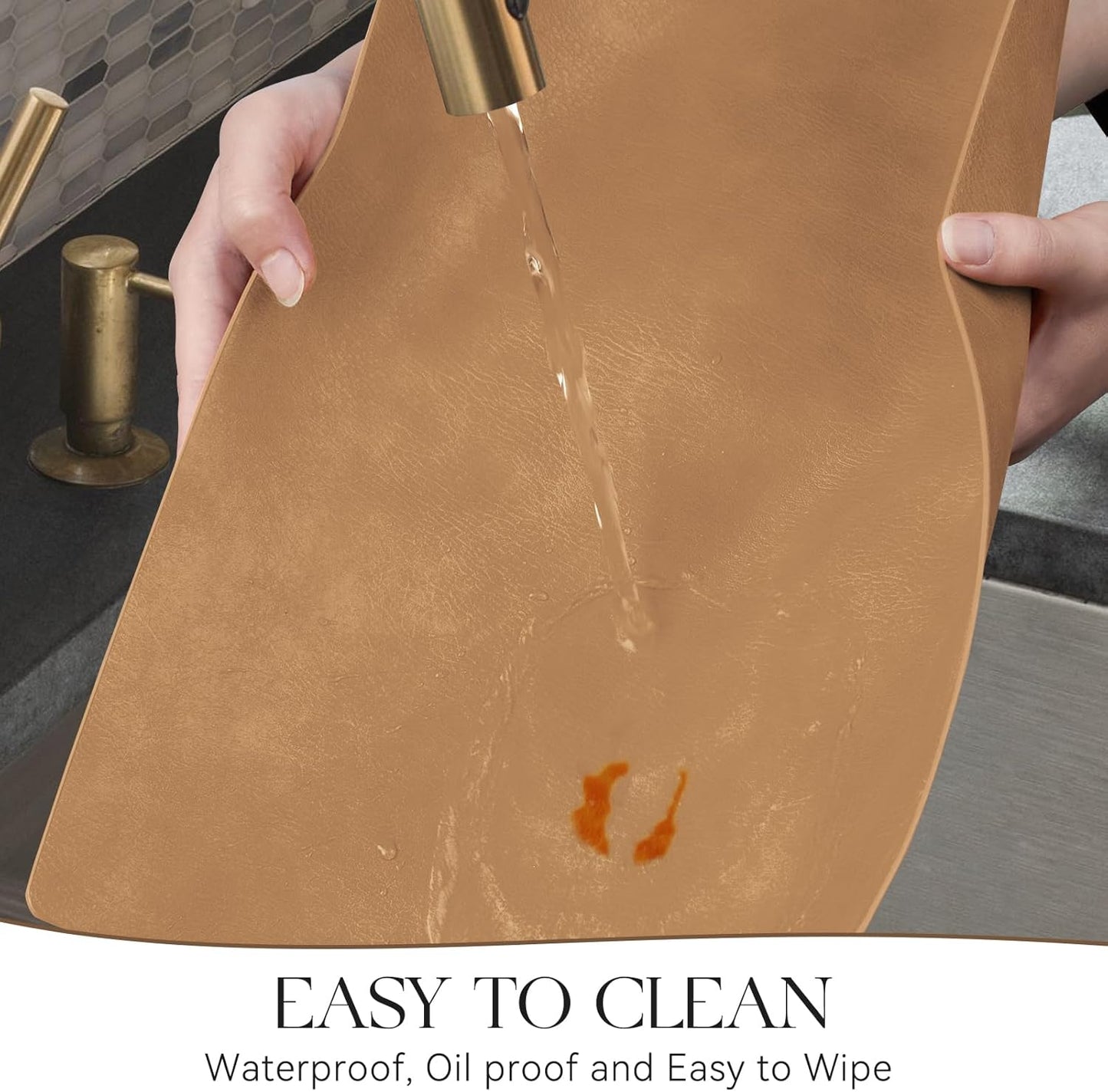 MOSAYT Vinyl Placemats Set of 8-12 X 17 Inch - Faux Leather 100% Waterproof Oil-Proof Wipeable PU Place Mats, Heat Resistant Reversible Table Mats for Kitchen, Dining, Outdoor (Camel)