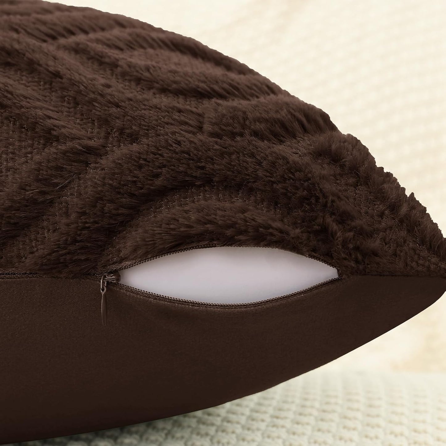 decorUhome Throw Pillow Covers 18x18 Inch Set of 2, Soft Plush Decorative Faux Fur Dark Brown Solid Couch Pillow Covers, Accent Farmhouse Neutral Square Euro Pillow Cases for Sofa Bed Living Room