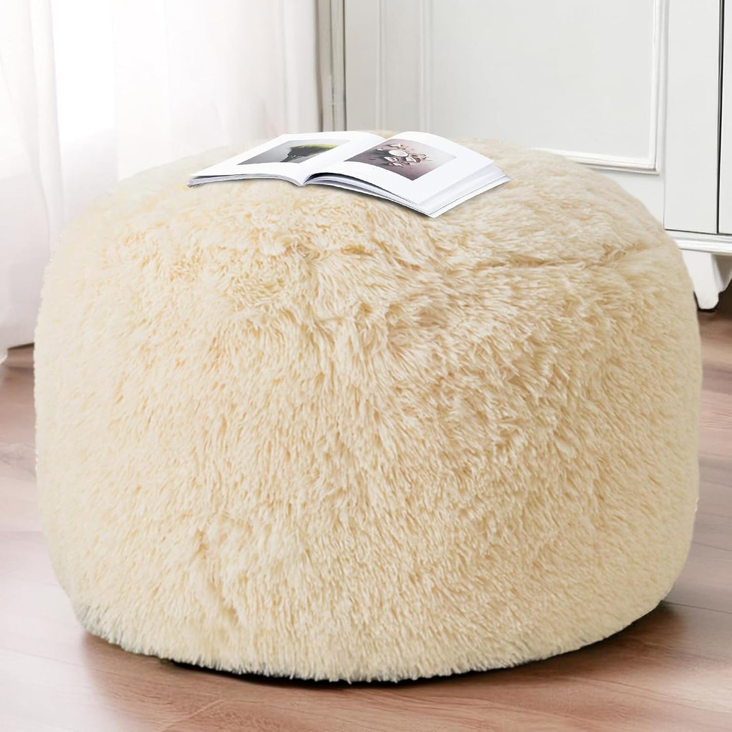 HIGOGOGO Round Stuffed Pouf Ottoman, Long Faux Fur Poufs with Foam Chunk Filling, Fluffy and Furry Pouf Foot Stool Storage Ottoman, 26 X 18 Floor Poufs Foot Rest for Living Room, White