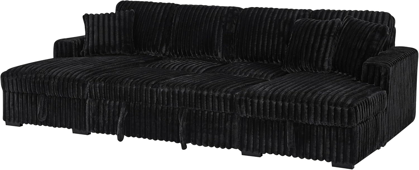 THSUPER Oversized U Shaped Plush Corduroy Fluffy Sectional Sleeper Sofa with Pull Out Bed and Double Storage Chaise for Living Room - Black
