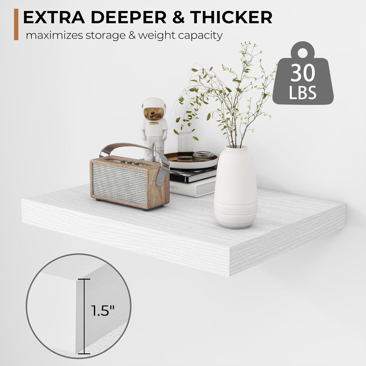 Fun Memories Floating Shelves - 2 Pack 12 Inch Deep Rustic Wooden Wall Shelves - Extra Deeper & Thicker Wall Mounted Storage Shelf for Living Room, Kitchen, Farmhouse - 16" W x 12" D x 1.5" H - White