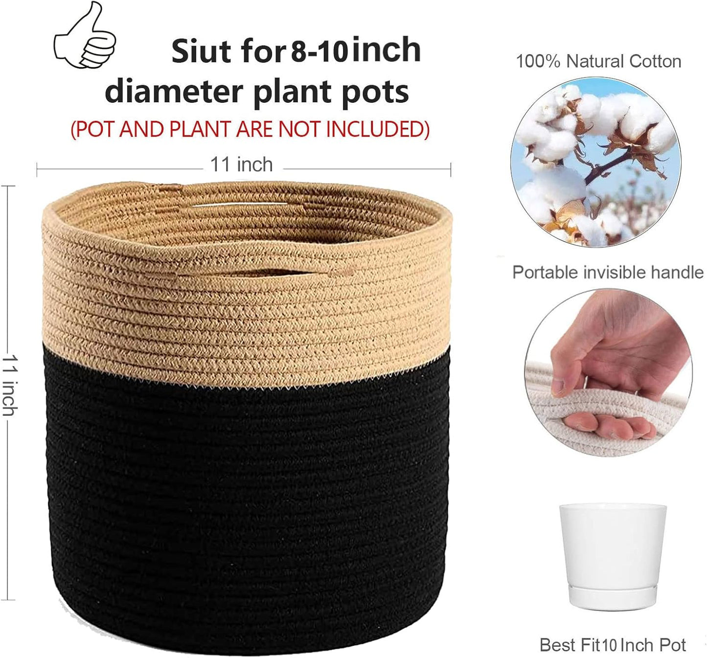 Woven Cotton Rope Plant Basket for 10" Flower Pot Floor Indoor Planters Flower Pot, Home Decor Storage Organizer H11 x W11 Black&Brown