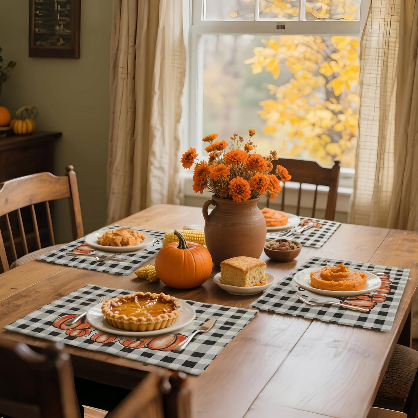 MANSPHIL Gingham Pumpkin Placemats Set of 4 for Thanksgiving Fall Theme Decor - Farmhouse Cotton Faux Linen Table Place Mats for Dining Kitchen Washable - 13x19 Inch