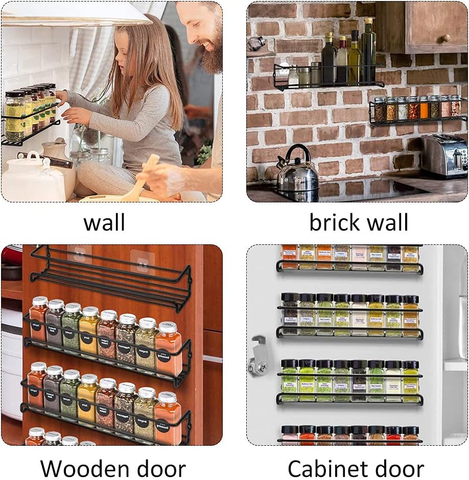 Spice Rack Organiser Hanging Spice Shelves Carbon Steel Wall Mount Spice Rack Kitchen Storage Racks Storage Spices and Condiments Spice Jars for Kitchen Cabinet Cupboard Pantry Door (6)