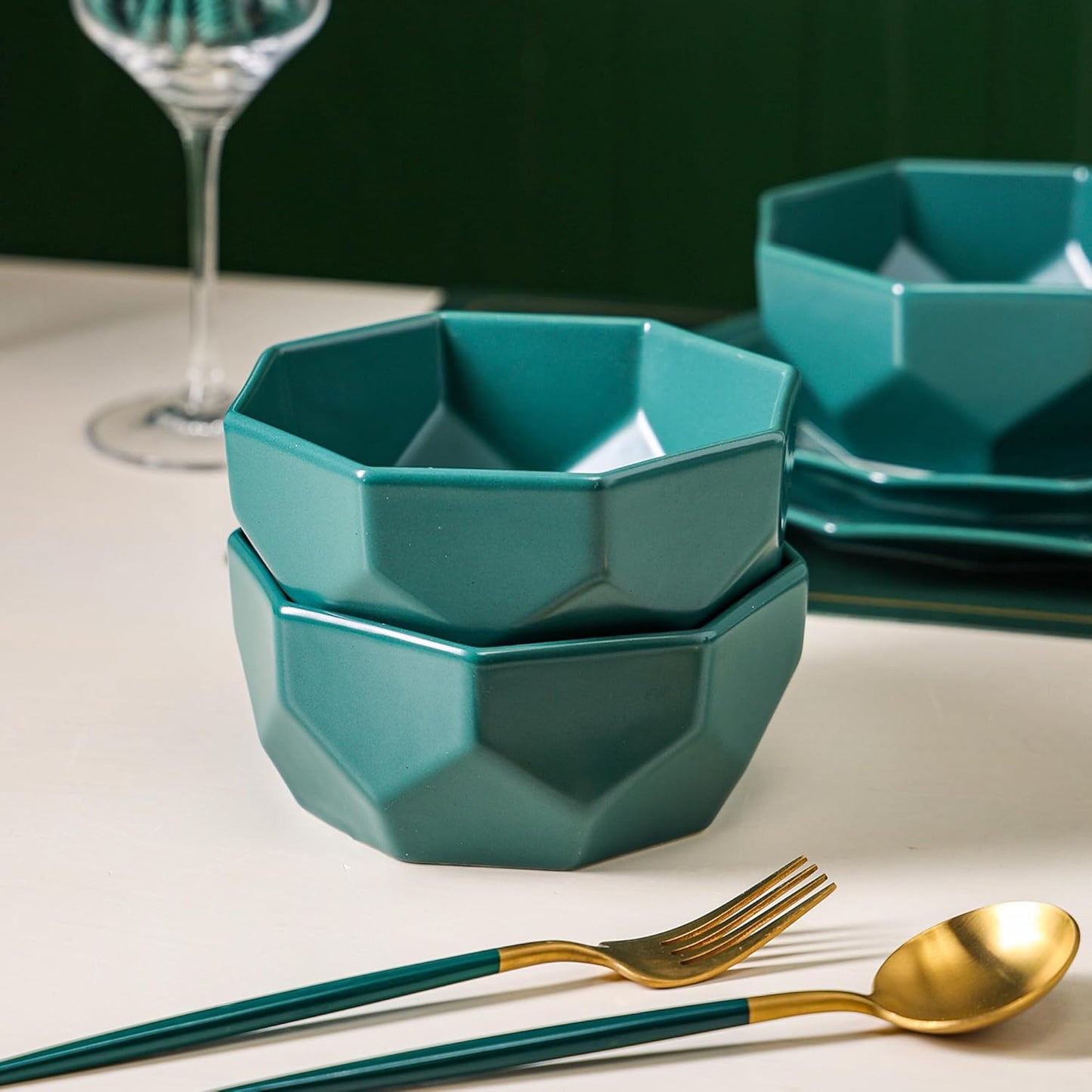 Stone + Lain Jamie Porcelain 32-Piece Geometric Dinnerware Set, Green