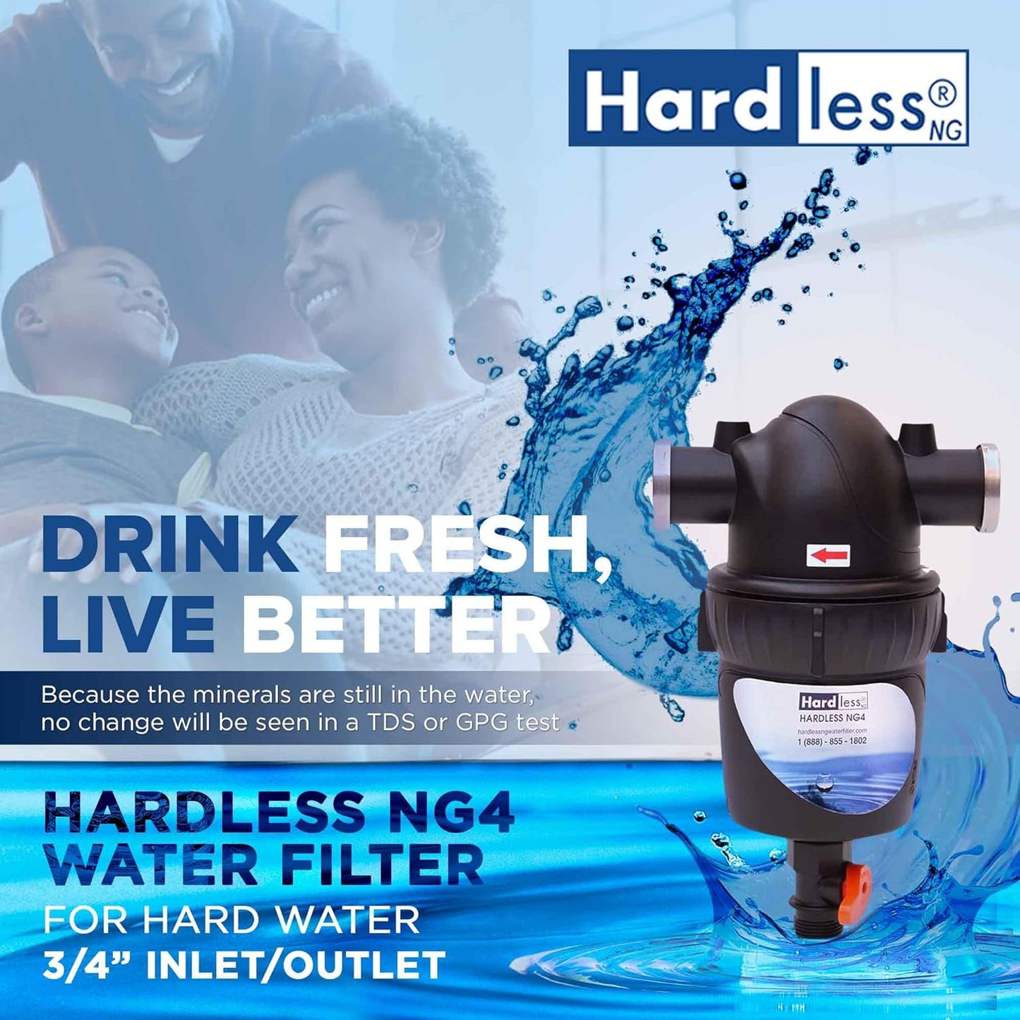 Hardless NG4 Whole House Water Filter- Salt-Free Alternative Softening Device- Reduces Limescale, Sediment & More - Compact, Easy to Install- Comes with 3/4" Inlet/Outlet- Home Water Filtration System