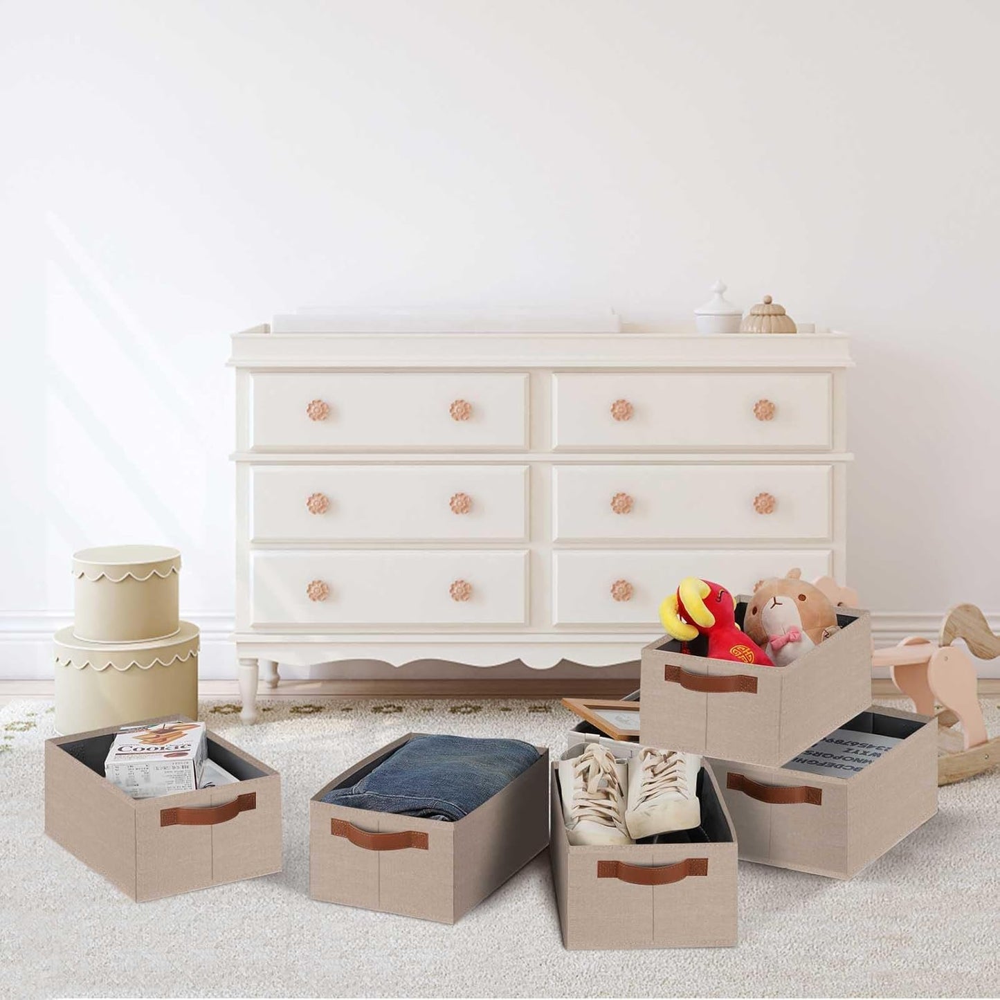 GhvyenntteS Small Fabric Storage Bins 12 Pack, 11.8" x 7.87" x 5.11" Storage Basket with Leather Handles, Closet Storage Bins for Shelves, Storage Baskets for Shelves, DVD Storage (Beige Yellow)