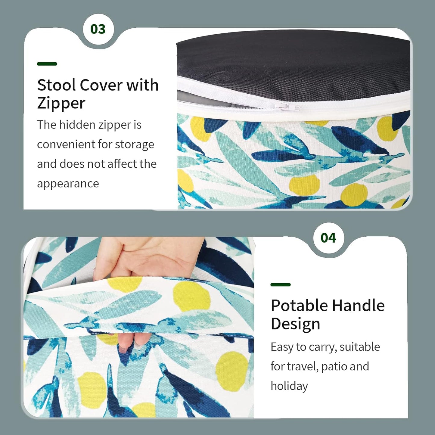 Inflatable Ottoman Stool D21 xH9 for Outdoor/Indoor Use, Water Repellent Patio Foot Rest Stool with Portable Handle,Round Pouf Ottoman Suitable for Garden,Deck and Camping - Leaves Multi