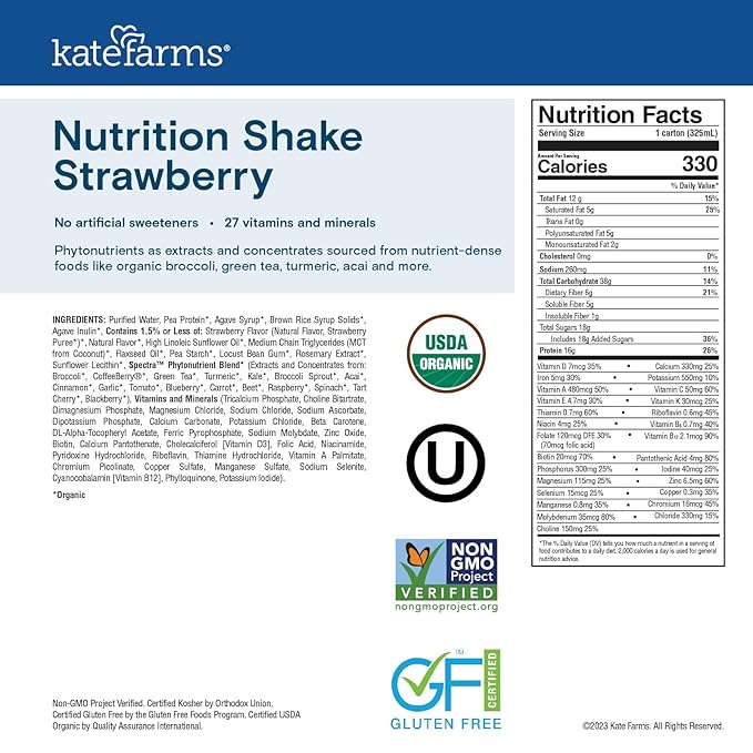 KATE FARMS Organic Nutrition Shake, Strawberry, 16g protein, 27 Vitamins 11 oz (6 Pack)