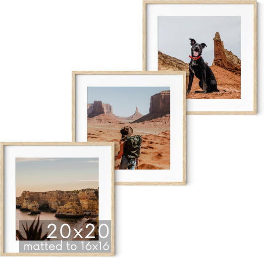 Haus and Hues Solid Oak Wood 20”x20” Picture Frames Matted to 16”x16” Set of 3 - Natural Oak Picture Frame 20x20, Portrait 20x20 Frames, 20 x 20 Frame with Mat, 20x20 Picture Frames (Beige Oak Frames)