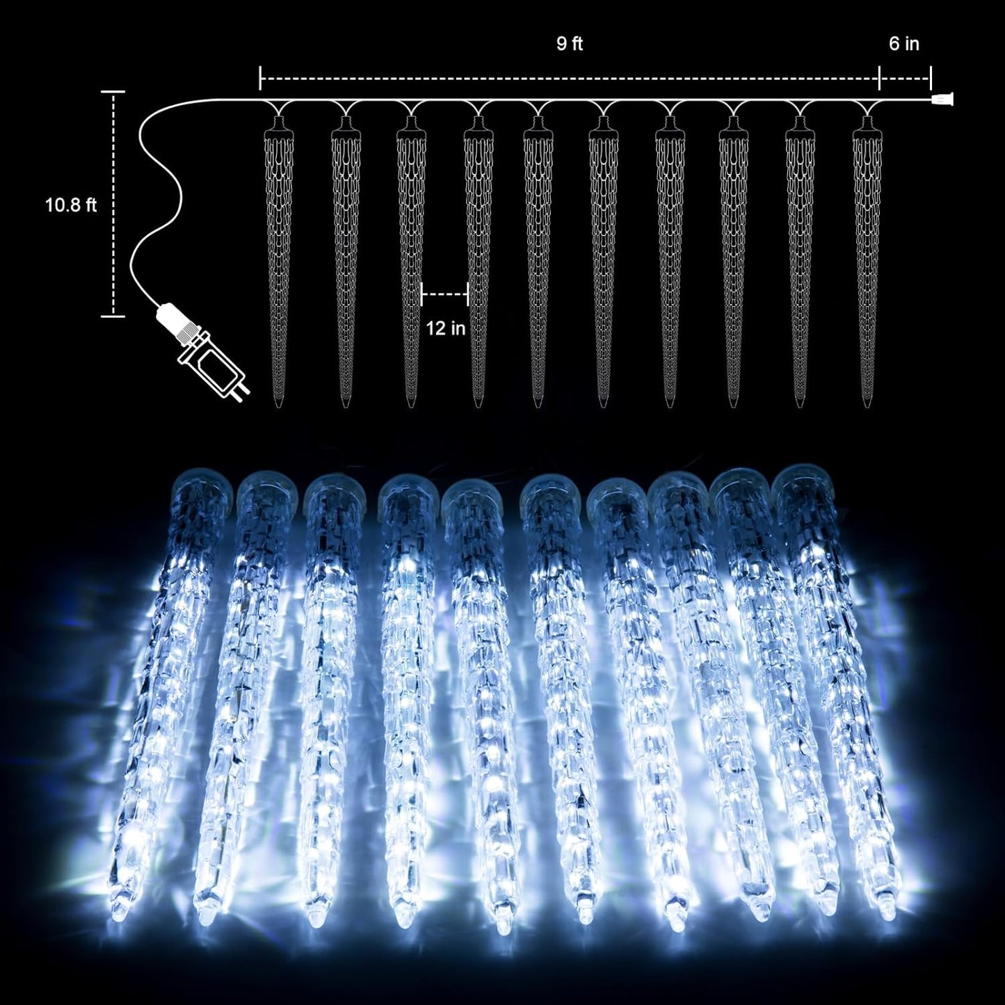 Christmas Icicle Lights Outdoor, 10Ft Meteor Shower Lights with 10 Ice Shaped Tube, Snowfall Shooting Star Light Effect, Falling Crystal Christmas Decorations for House Eave Roofline, Cool White