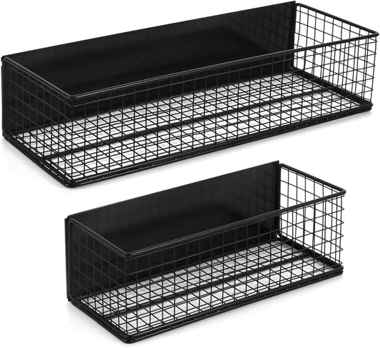 Magnetic Basket, Magnetic Shelf for Fridge,Magnetic Spice Rack Wire Mesh Magnetic Organizer Holder Accessories for Office Kitchen Classroom Storage, Black-High, Large x1&Small x1 Set of 2