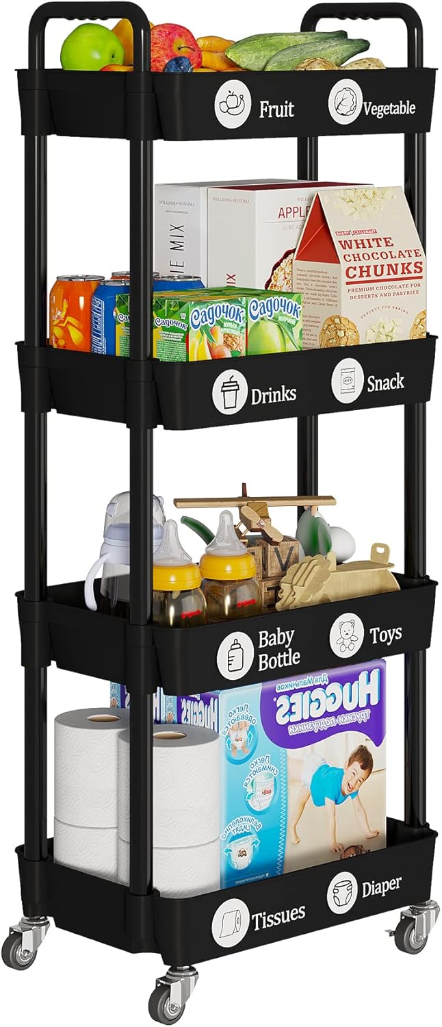 Laiensia 4-Tier Rolling Cart with Wheels,Multifunction Utility Storage carts, Kitchen Storage Organizer,Mobile Shelving Unit for Bathroom,Laundry,with Classified Stickers,Black