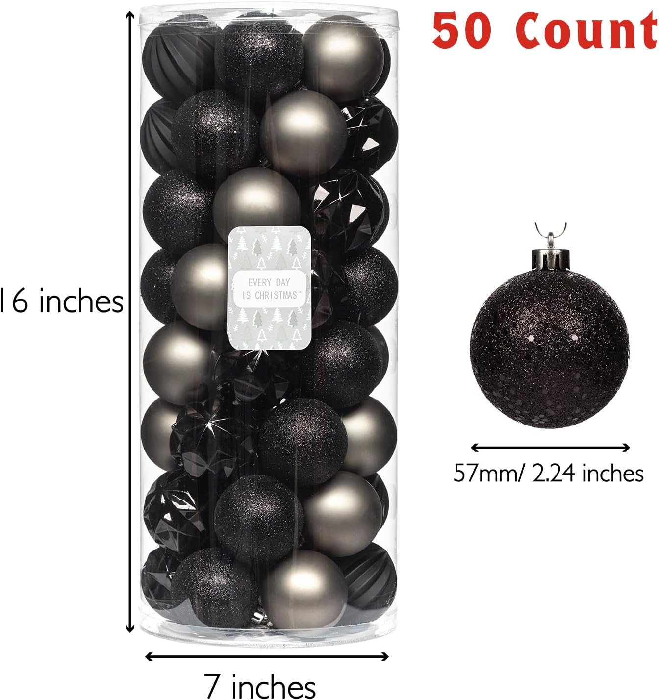 Every Day is Christmas Ornaments, Shatterproof Christmas Tree Ornament Set, Christmas Balls Decoration 50 Count (2.24"/57mm, Black Grey)