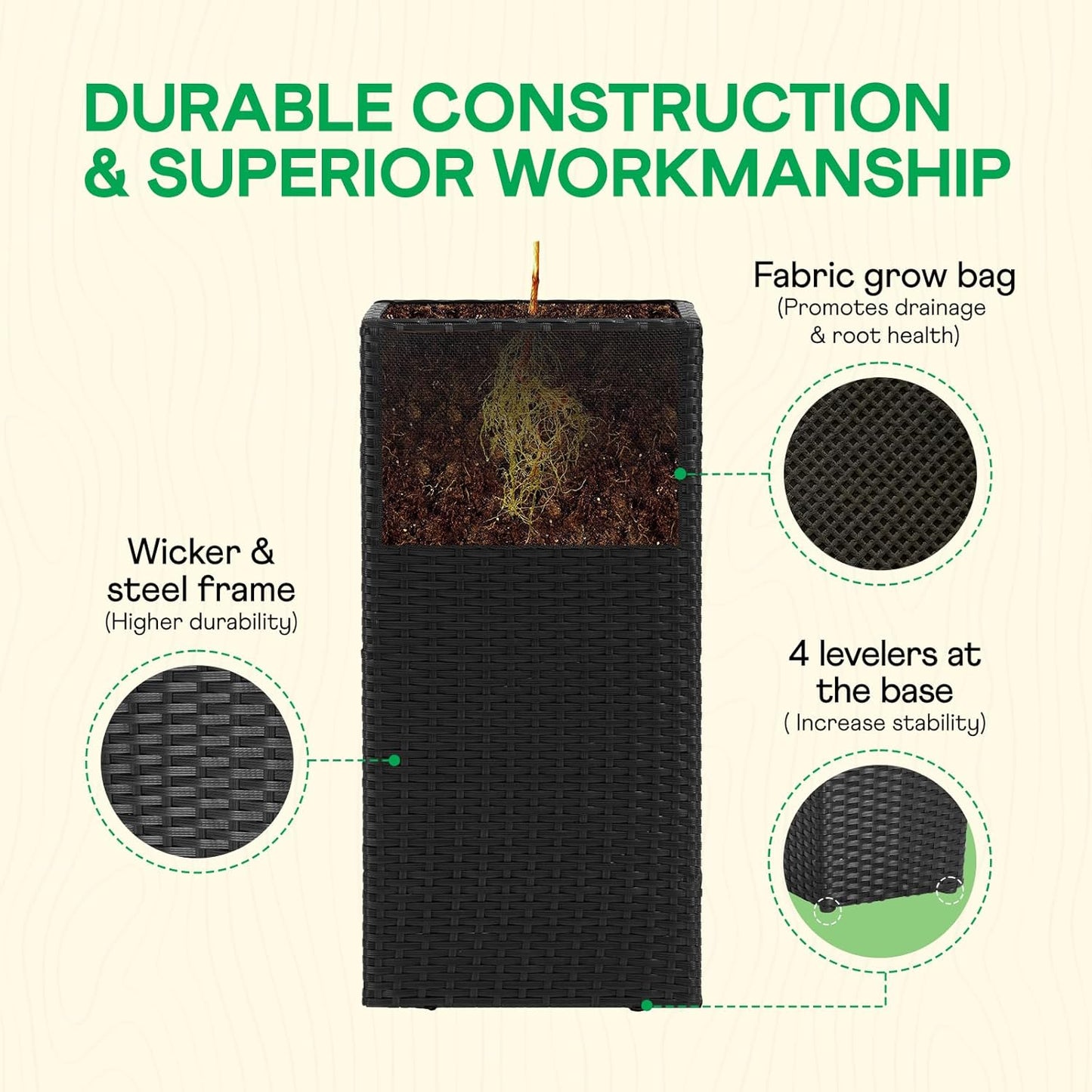 IDZO All-Weather Wicker Planters, Set of 2, 24 in Tall Wicker Planters, Self-Watering with Drainage, Durable PP Material, Raised Garden Bed Alternative, Indoor Outdoor Use, Modern Rattan Design