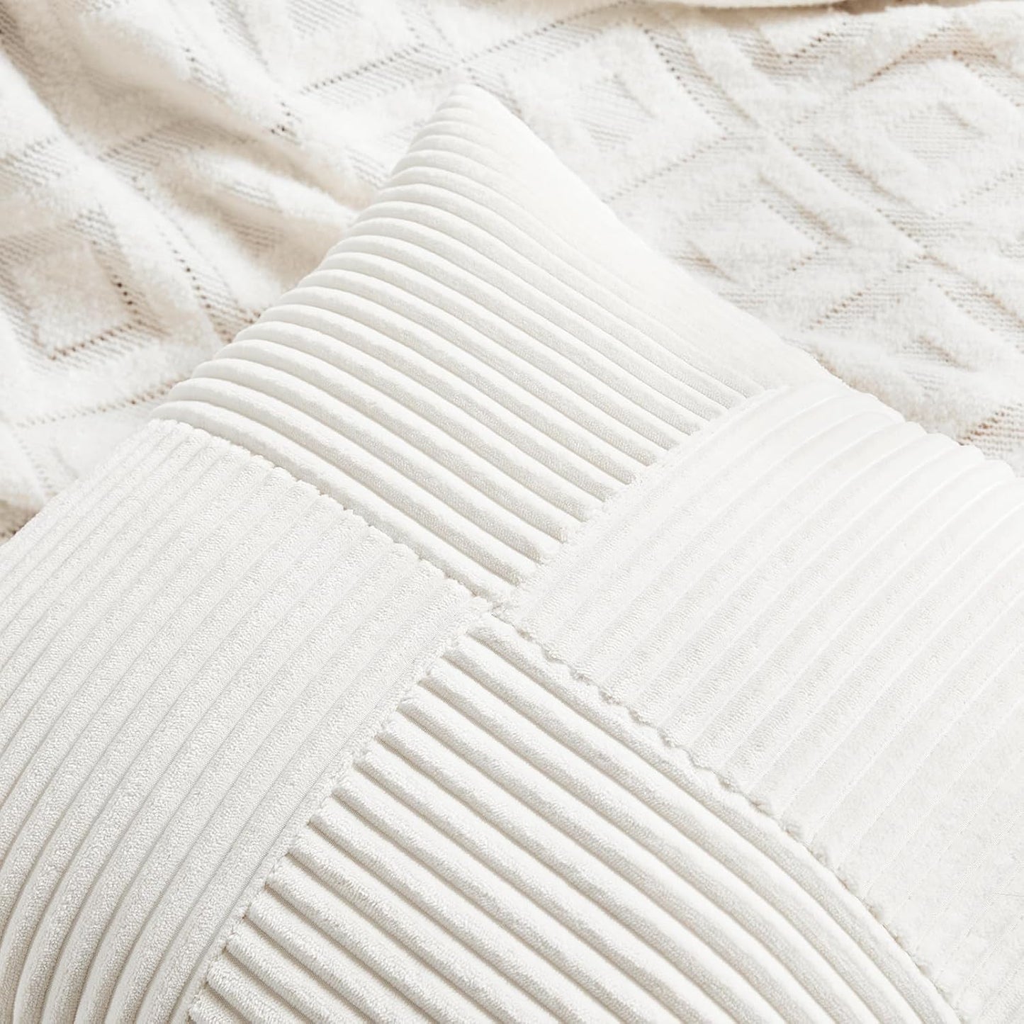 Fancy Homi 2 Packs Cream White Lumbar Decorative Throw Pillow Covers 14x24 Inch for Couch Bed Sofa, Rustic Farmhouse Boho Home Decor, Soft Striped Corduroy Rectangle Accent Cushion Case 35x60 cm