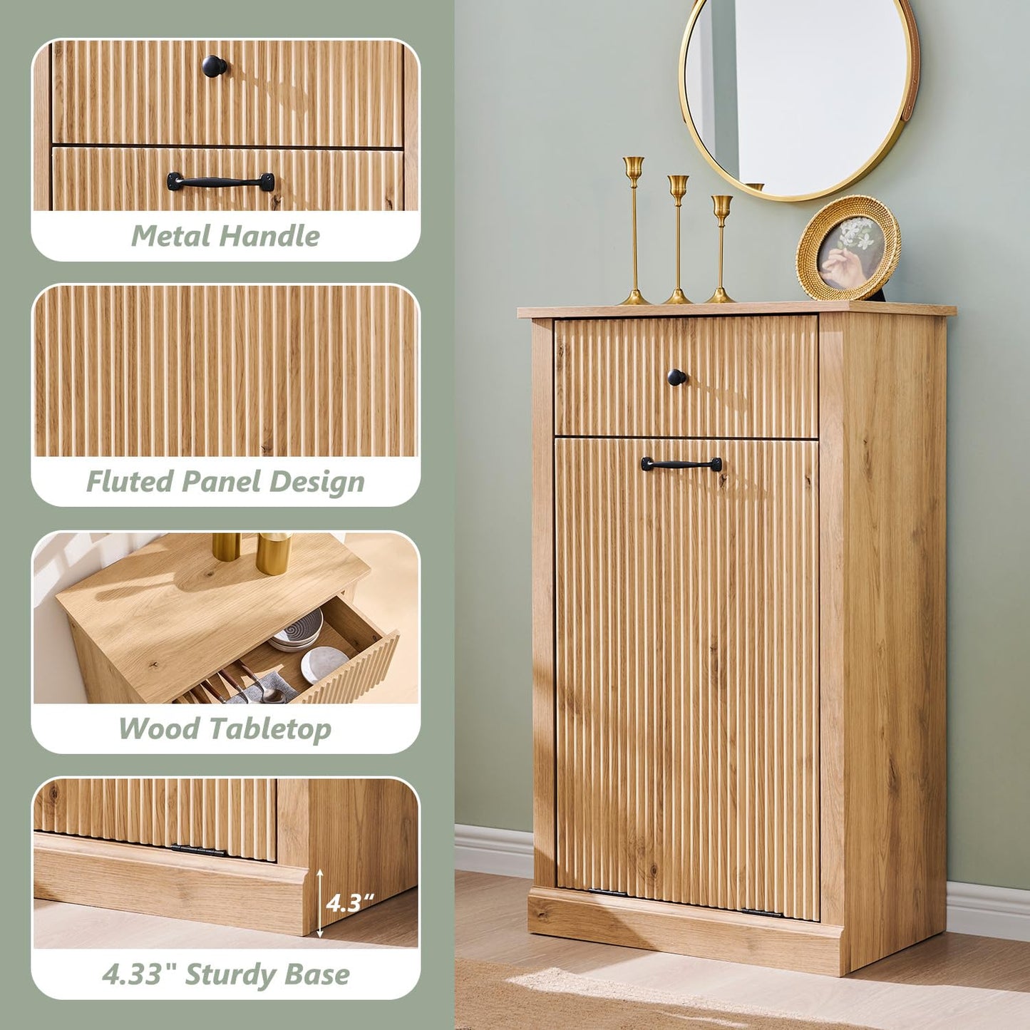 Modern Tilt-Out Trash Can Cabinet, 10 Gallon Fluted Laundry Hamper Cabinet with Drawers, Wooden Hidden Garbage Can Cabinet w/Storage Basket, Free Standing for Kitchen & Living Room,Natural Oak